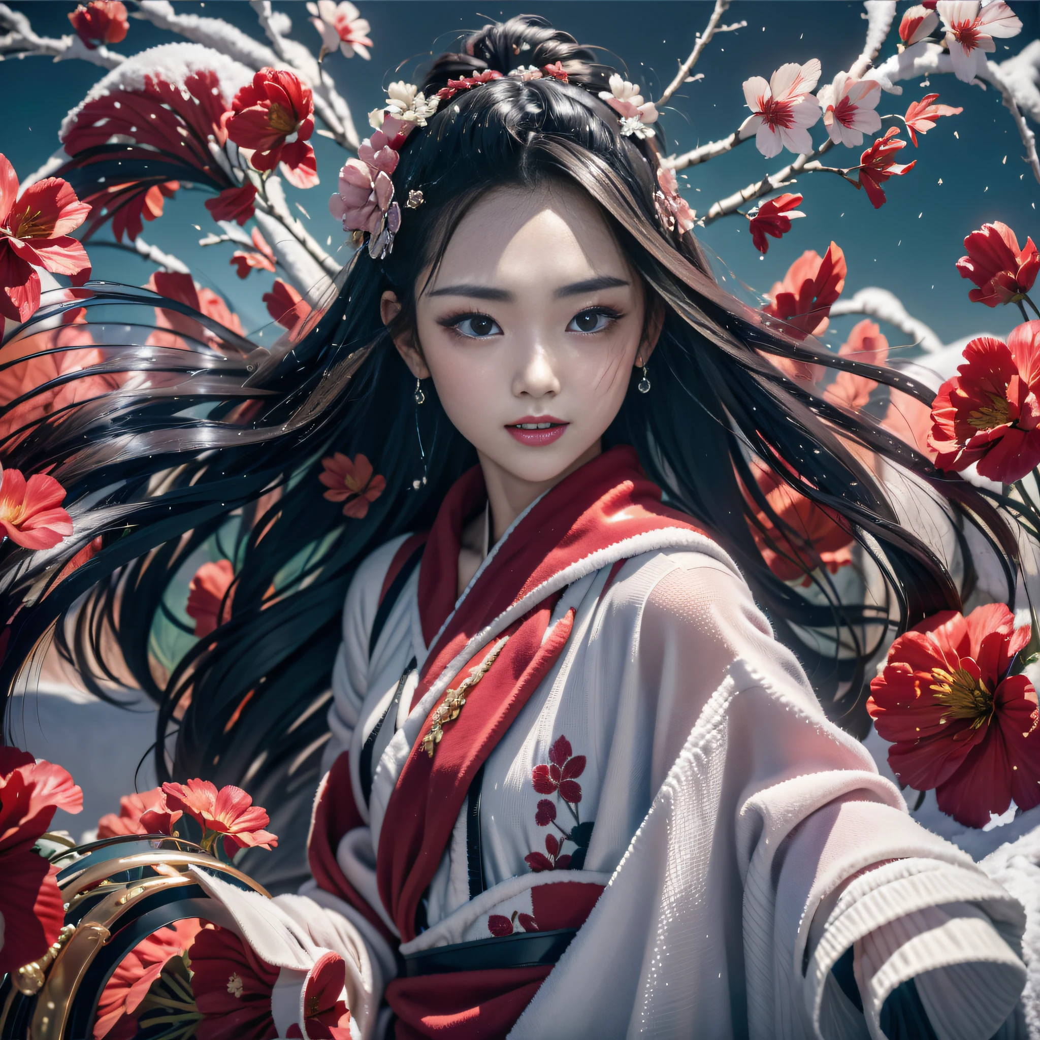 32K（tmasterpiece，k hd，hyper HD，32K）Long flowing black hair，Rockery，zydink， a color，  Xuzhou people （Seduce girls）， （Red scarf in the snow）， jumping posture， looking at the ground， long whitr hair， Floating hair， Carp pattern headdress， Chinese long-sleeved silver battle robe， （Abstract gouache splash：1.2）， Pink petal background，Tulips flying（realisticlying：1.4），Black color hair，Fallen leaves flutter，The background is pure， A high resolution， the detail， RAW photogr， Sharp Re， Nikon D850 Film Stock Photo by Jefferies Lee 4 Kodak Portra 400 Camera F1.6 shots, Rich colors, ultra-realistic vivid textures, Dramatic lighting, Unreal Engine Art Station Trend, cinestir 800，Long flowing black hair，Transparent robe clothing