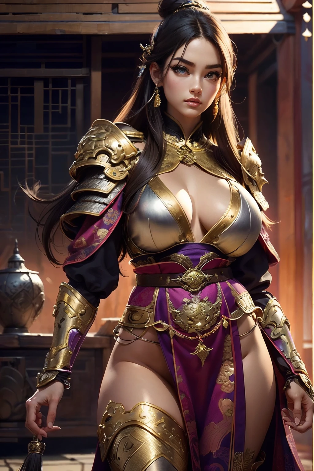 Ancient Chinese architecture，Female warriors in national style，Wear revealing armor，Simple clothing， Minimalist style，Mixed Chinese and American races，The background is blurred out，focal，Cowboy shot，电影灯光，(((tmasterpiece))), ((best qualtiy)), ((Complex and detailed)), ((ultra-realistic realism)), Ridiculous resolution, A MILF, Mature woman, ssee-through, highly  detailed, illustratio, 1girll, (mediuml breasts), Thin waist and thick hips，long leges，beatiful detailed eyes, short detailed hair, brunette color hair, a purple eye, blackstockings，lacy clothing，with faintly visible，Cool armor，The body proportions are perfect，（No underwear：1.2），detailed back ground, perfect  eyes, Seductive eye, （nice hand），Detail hands，looking at viewert，From the front，Wear light，juicy legs，deep v big breasts，Tattooed with