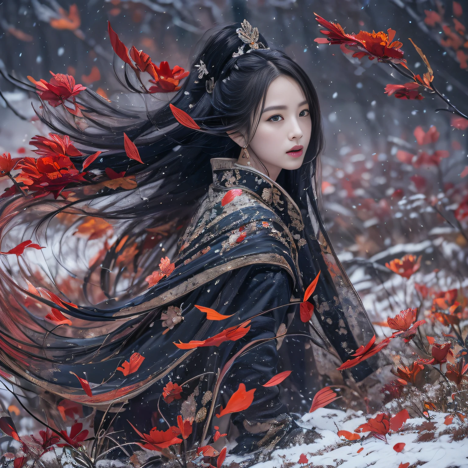 32K（tmasterpiece，k hd，hyper HD，32K）Long flowing black hair，Rockery，zydink， a color，  Xuzhou people （Seduce girls）， （Red scarf in the snow）， jumping posture， looking at the ground， long whitr hair， Floating hair， Carp pattern headdress， Chinese long-sleeved silver battle robe， （Abstract gouache splash：1.2）， Pink petal background，Tulips flying（realisticlying：1.4），Black color hair，Fallen leaves flutter，The background is pure， A high resolution， the detail， RAW photogr， Sharp Re， Nikon D850 Film Stock Photo by Jefferies Lee 4 Kodak Portra 400 Camera F1.6 shots, Rich colors, ultra-realistic vivid textures, Dramatic lighting, Unreal Engine Art Station Trend, cinestir 800，Long flowing black hair，Transparent robe clothing