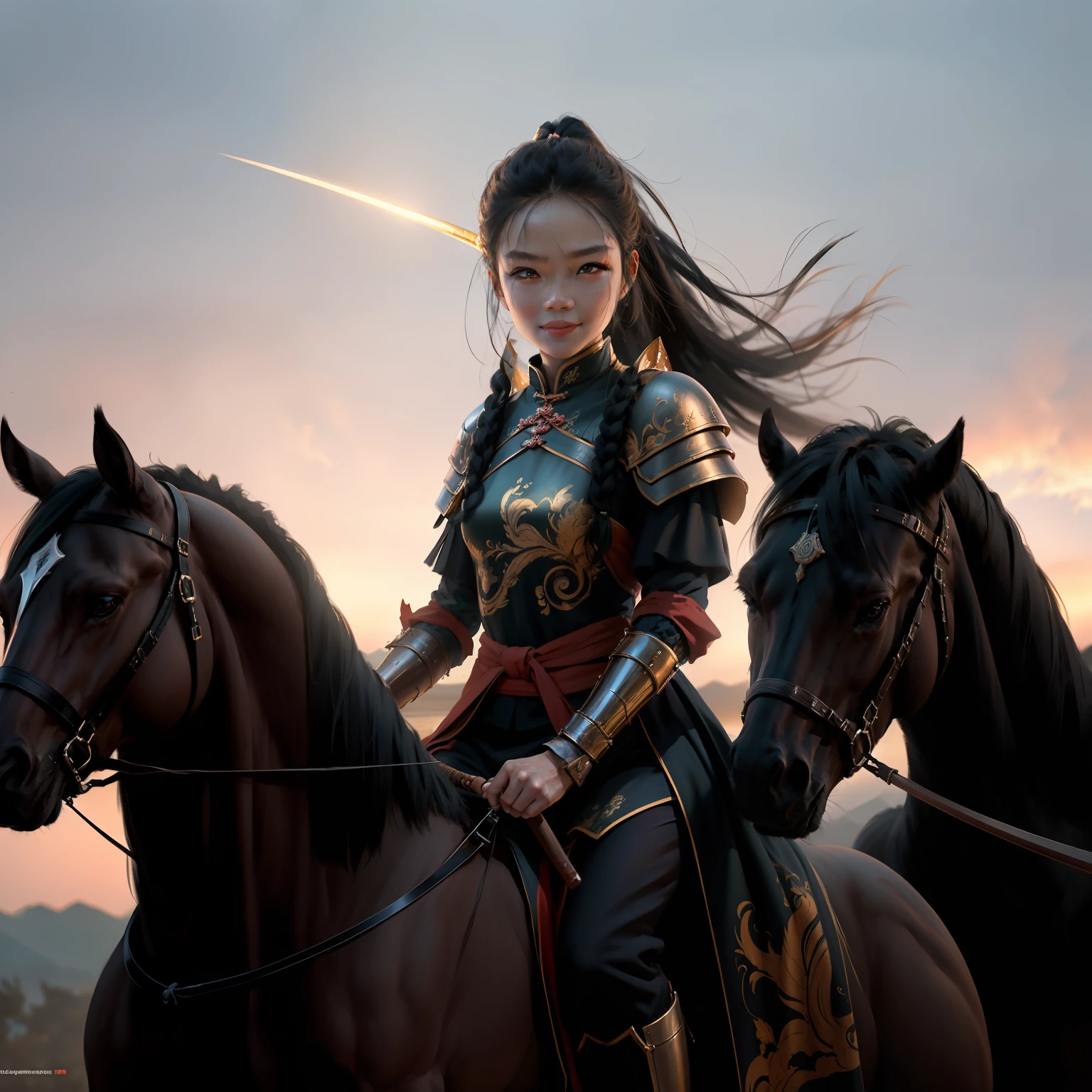 A beautiful Chinese girl riding on horseback,Tough and dashing character,With a confident smile,Like a fighter,Without a hat,Dressed in black Hanfu,The clothes are simple in style,Wear armor,Long black hair and high ponytail,Wear a long sword at the waist,Hold the reins with one hand,There was blood on the face and sword,Immerse yourself in China's ancient battlefields。