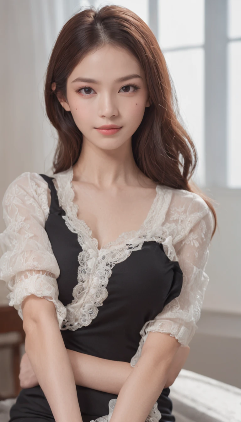 best qualtiy，tmasterpiece，超高分辨率，(photorealestic),（realisticlying：1.4），RAW photogr，1girll，(Full body photo，inside in room，sit on chair，Legs crossed)，good-looking face，Slim，Dignified，Small Fresh，（White color blouse，black short skirt），ssmile，cabelos preto e longos，Beautiful hair accessories，Beautiful age girl，Detailed scenes, Beautiful digital illustration, the detail，Hyper-detailed, Cinematic quality, (Beauty and aesthetics，big breasts beautiful)，correct hand，anatomy correct, ((From below))