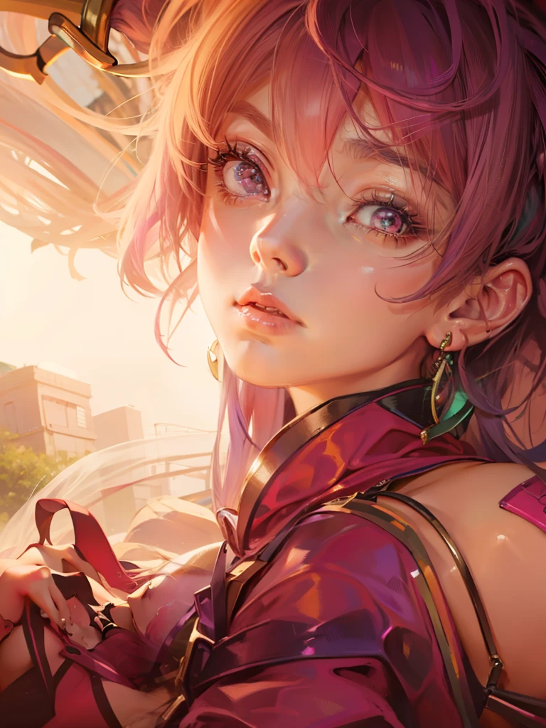 Arched eyebrows and large purple drooping eyes、Pink hair and gold earrings、Anime girl in mint green clothes with open breasts,