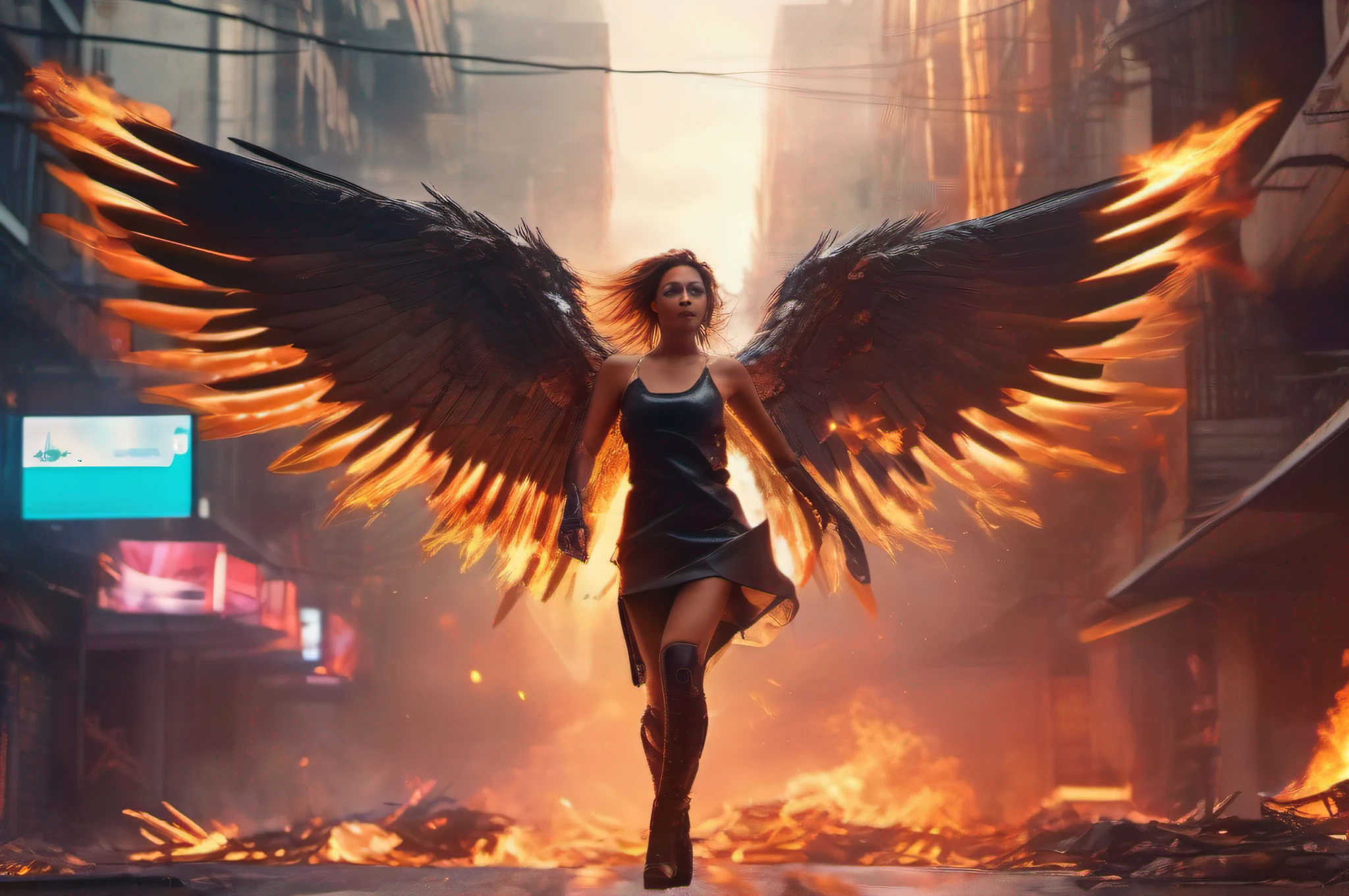 A 4K retrofuturist cyberpunk and epic digital painting with dramatic warm and cool lighting of an evil fallen female angel-cyborg hybrid flying decisively with massive fiery wings in motion over neon lit streets engulfed in flames and crumbling buildings, people running scared below, amid swirls of smoke and embers, using dynamic focus, picado and medium shot composition.