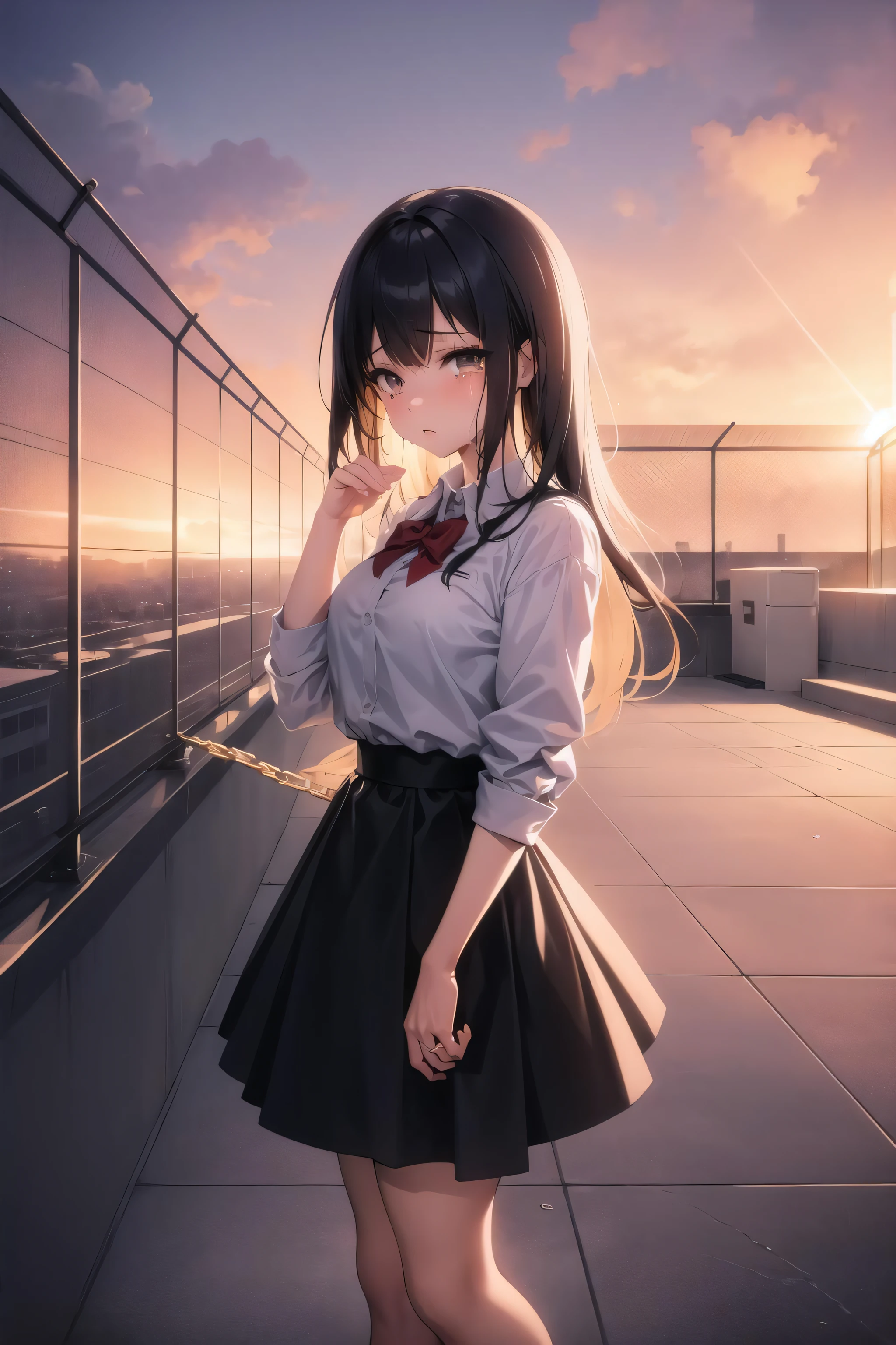 school rooftop, 1girl, tears, sunset, chain-link fence,, masterpiece, best quality, highly detailed
