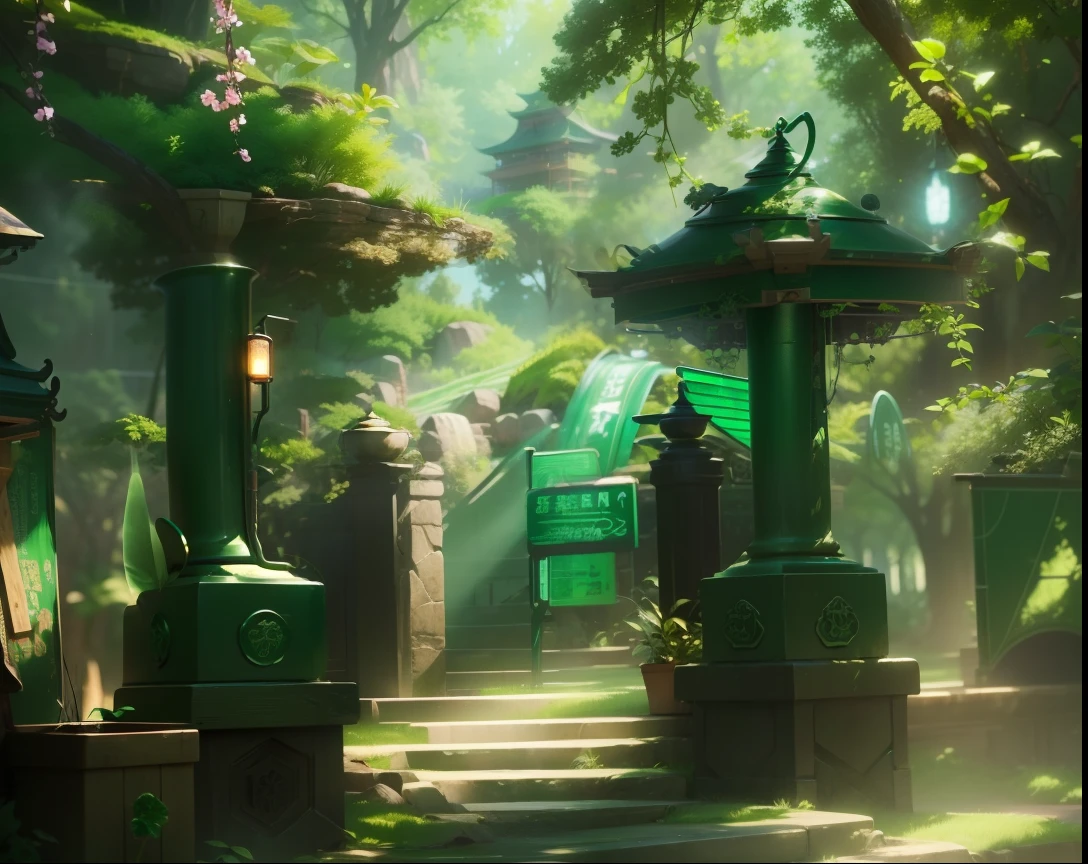 (Subject: A tender green sprouting sapling, Scene details: emerald green tones, bright sky, warm sun, beginning of the new year, vibrant spring), HD details, hyper-detail, noise illustration, Chinese elements, good particle texture, cinematic lighting effects, surrealism, deep field focus bokeh, ray tracing