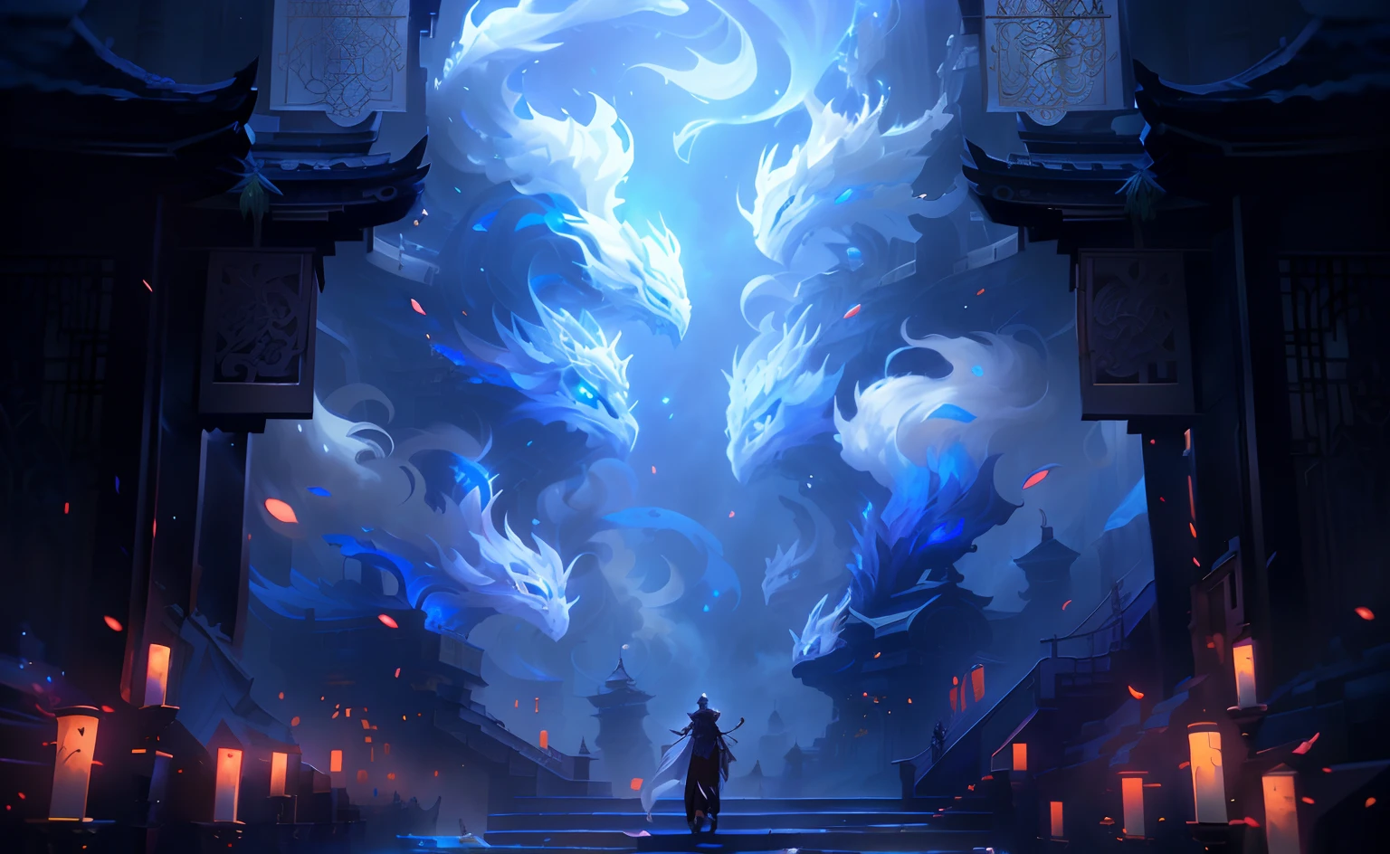anime big ??????, A man stands on a staircase in a fantasy environment, by Yang J, Epic fantasy digital art style, Digital 2D fantasy art, 2. 5 D CGI anime fantasy artwork, Anime fantasy illustration, Anime epic artwork, Onmyoji detailed art, Fantasy art style, Anime fantasy artwork, Epic fantasy art style, Detailed digital 2D fantasy art