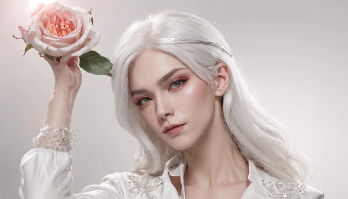 there is a man with white hair and a white suit holding a rose, by Yang J, ig model | artgerm, extremely detailed white haired deity, beautiful androgynous prince, neoartcore and charlie bowater, epic exquisite male character art, approaching perfection, shot with Sony A7 IV for HD image quality, studio lighting, light floral bloom