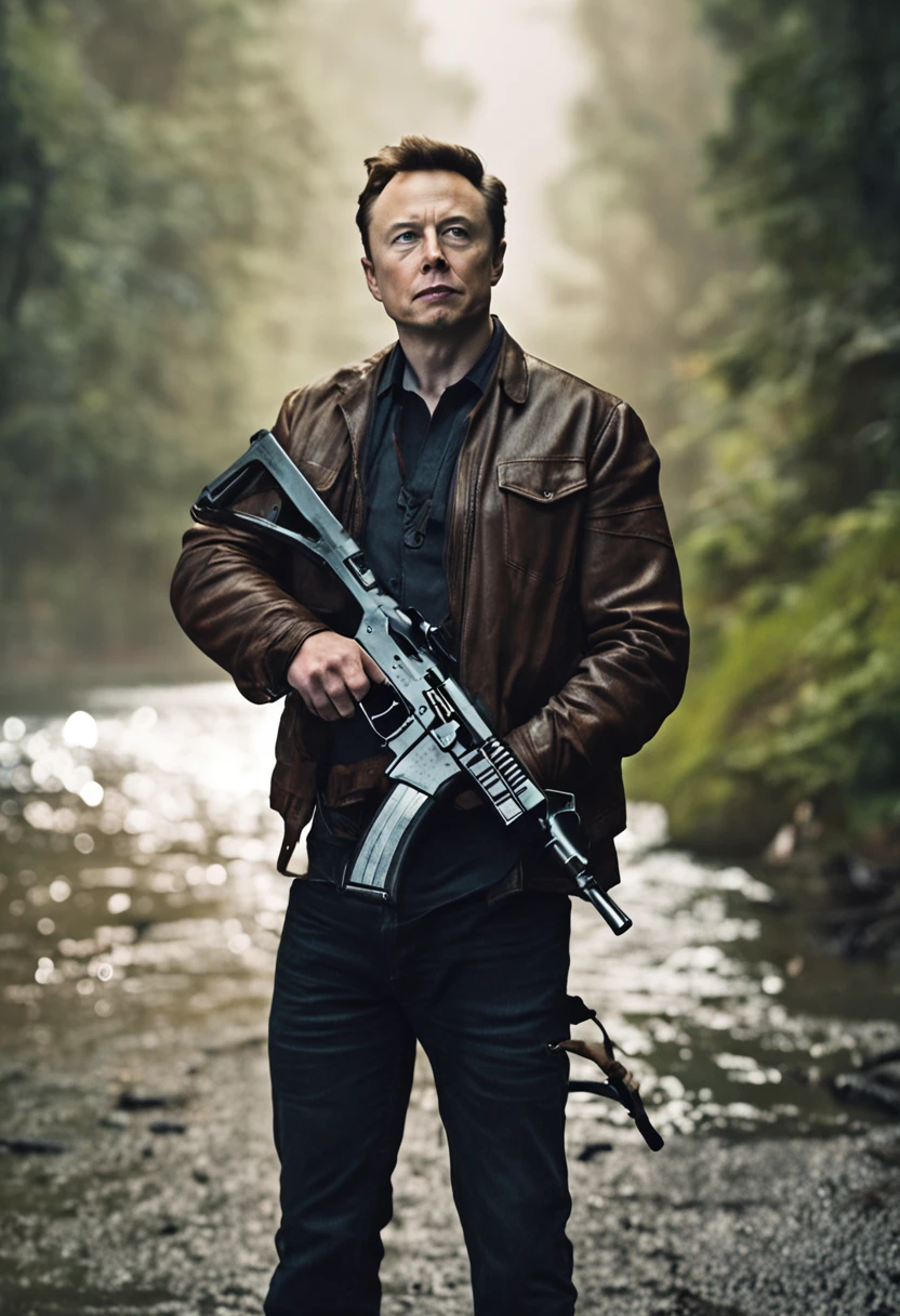 A photo of Elon musk, holding an ak-47