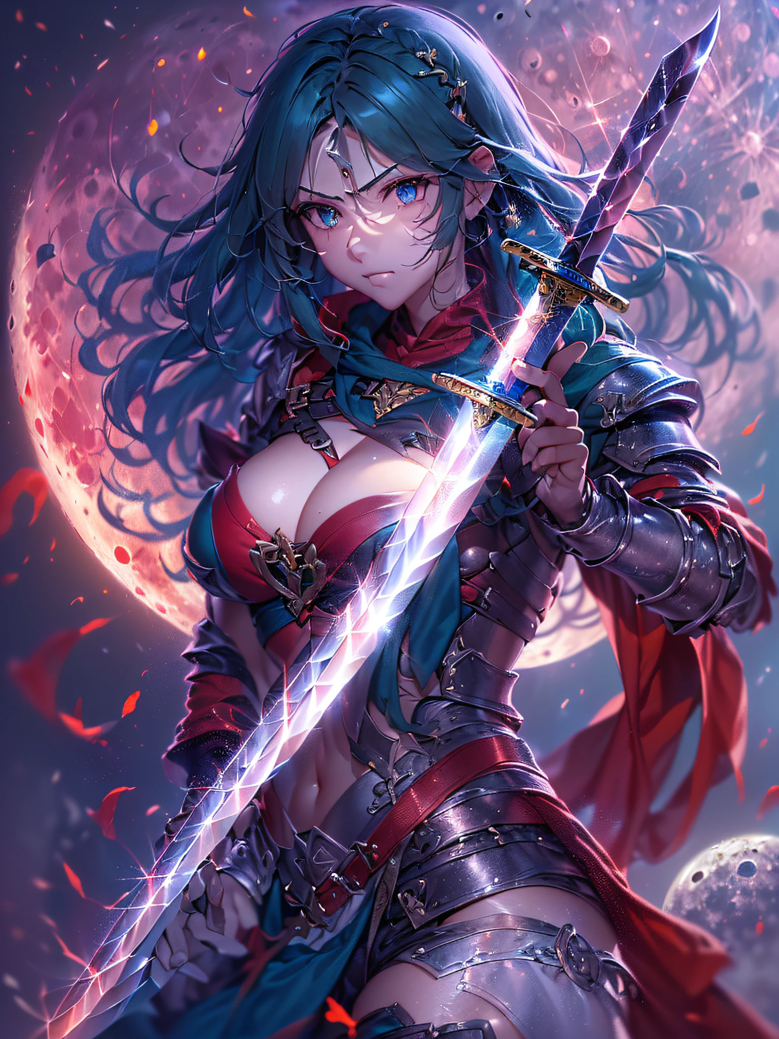 (a closeup:1.6), (Chiaroscuro:1.2), (Looking at the camera), (Beautiful definition girl:1.2), (Holding the grip of a shining red longsword in your hand:1.4), (Petite girl:1.4), (Fine Eye), (is standing), (glares:1.2), (off shoulders:1.2), (Red knee pads:1.2), (Wavy Hair:1.4), (very long blue hair:1.4), (Sharp Blue Bang Brace:1.4), (Black Gauntlet:1.4), (Stylish breastplate in blue:1.4), (Red Waterfall of Steel 1.4), (cleavage of the breast), (Medium chest:1.2), (The navel is visible:1.4), (Red big full moon and dark night:1.4), (circlet:1.2), (nffsw:1.2), (masutepiece:1.2), (ccurate:1.2), Textured skin, (high details):1.2, (Super Detail 1.2), (Best Quality 1.2), (16 K:1.2), (Hold your sword forward:1.4),