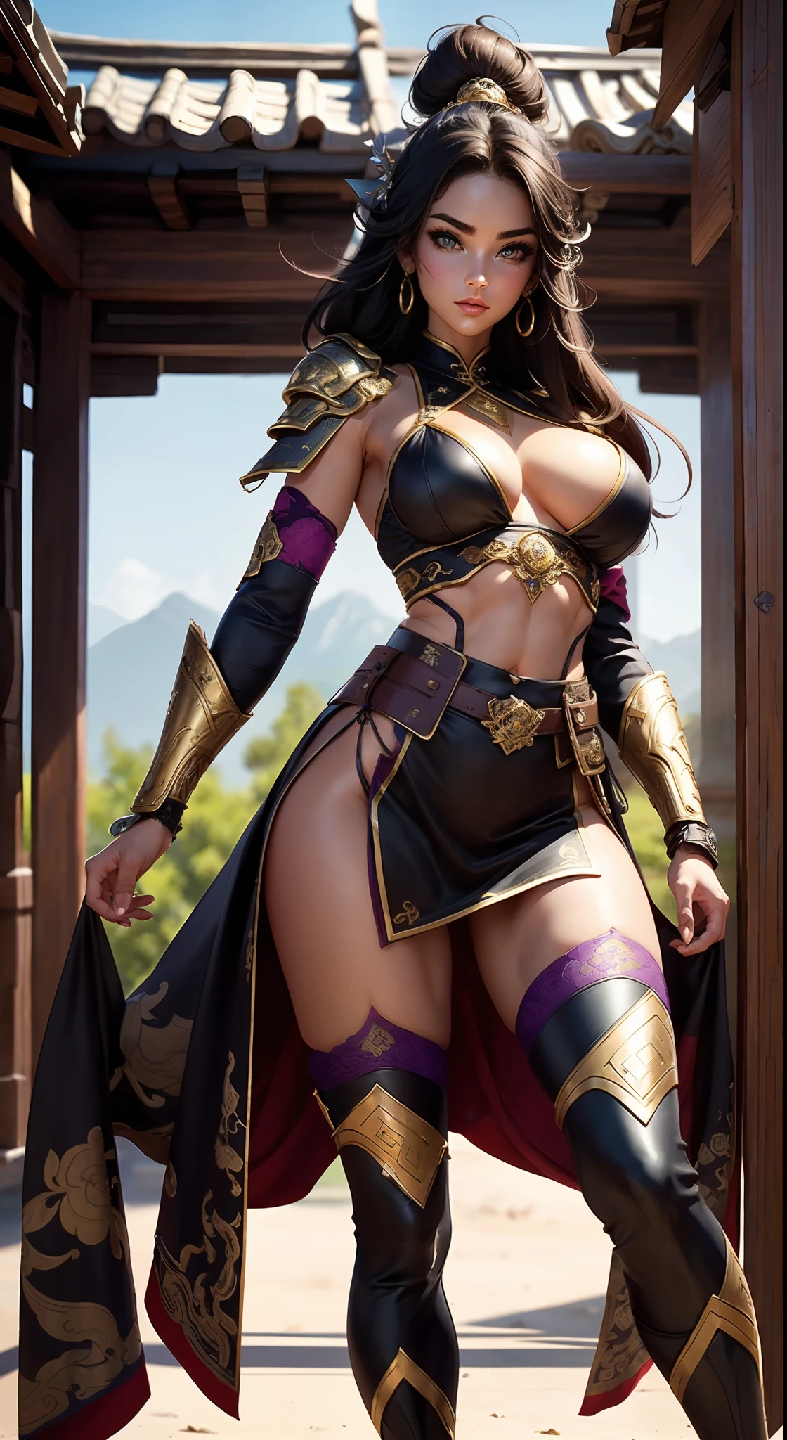 Ancient Chinese architecture,Female warriors in national style,Wear revealing armor,Simple clothing, Minimalist style,Mixed Chinese and American races,The background is blurred out,focal,Cowboy shot,电影灯光,(((tmasterpiece))), ((best qualtiy)), ((Complex and detailed)), ((ultra-realistic realism)), Ridiculous resolution, A MILF, Mature woman, ssee-through, highly detailed, illustratio, 1girll, (mediuml breasts), Thin waist and thick hips,long leges,beatiful detailed eyes, short detailed hair, brunette color hair, a purple eye, blackstockings,lacy clothing,with faintly visible,Cool armor,The body proportions are perfect,(No underwear:1.2),detailed back ground, perfect eyes, Seductive eye, (nice hand),Detail hands,looking at viewert,From the front,Wear light,juicy legs,deep v big breasts,Tattooed with