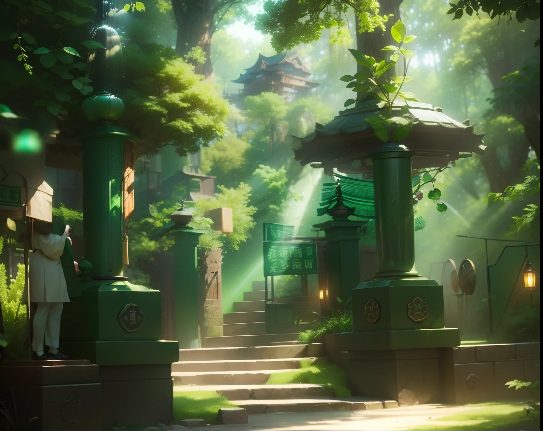 (Subject: A tender green sprouting sapling, Scene details: emerald green tones, bright sky, warm sun, beginning of the new year, vibrant spring), HD details, hyper-detail, noise illustration, Chinese elements, good particle texture, cinematic lighting effects, surrealism, deep field focus bokeh, ray tracing