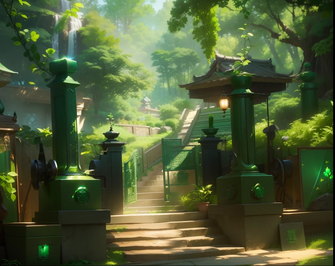 (Subject: A tender green sprouting sapling, Scene details: emerald green tones, bright sky, warm sun, beginning of the new year, vibrant spring), HD details, hyper-detail, noise illustration, Chinese elements, good particle texture, cinematic lighting effects, surrealism, deep field focus bokeh, ray tracing