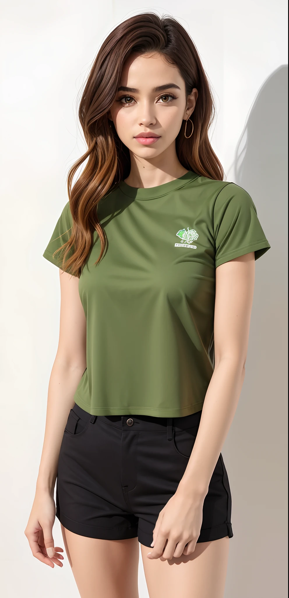 uma mulher linda de camisa verde e bermuda preta posando para uma foto, camisa verde, topo de corte, vestindo camiseta e combates, usando um top cropped, verde oliva, com corte rasgado t - camisa, usando um top cropped, vestindo uma camiseta muscular, camisa apertada, camisa cinza, roupas verdes, roupas verdes casuais, vestindo uma camiseta, Topo de colheita