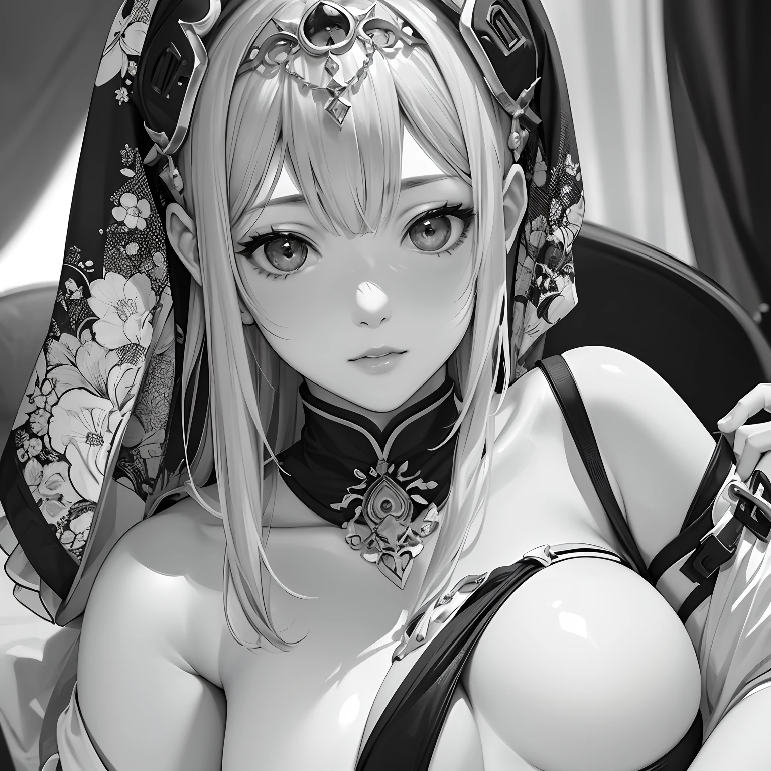 masterpiece、top-quality、hight resolution、High-quality images、8K、1womanl、detaileds、Detailed eye depiction、skin gloss、Monochrome grayscale、Nomiya、portlate、The summer I played with Leo