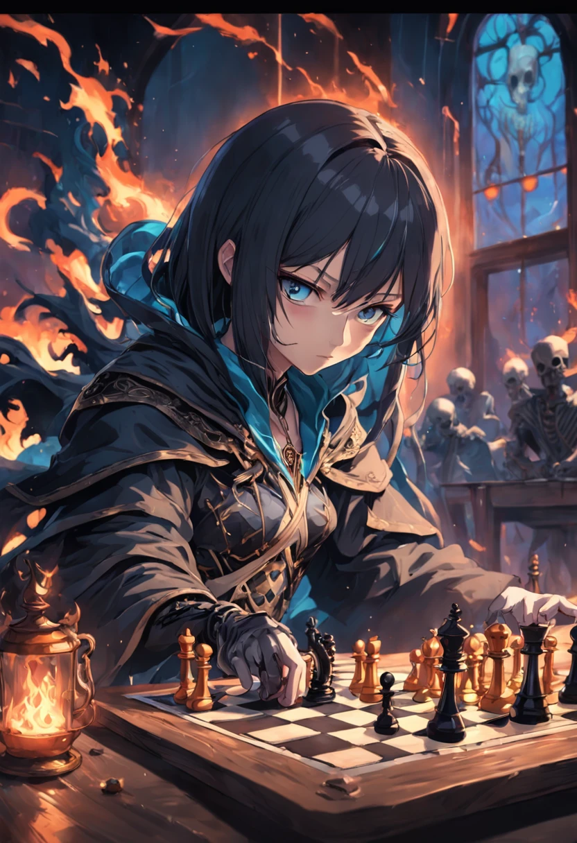 (Grim_Reaper in), (Skeleton_Monster), sits at a table, view the viewer, playing chess, Thinking, Confident demeanor, Masterpiece, Top quality, Best quality, High quality, Ultra-detailed, fire in the background, Vibrant colors, Solo, Extremely detailed