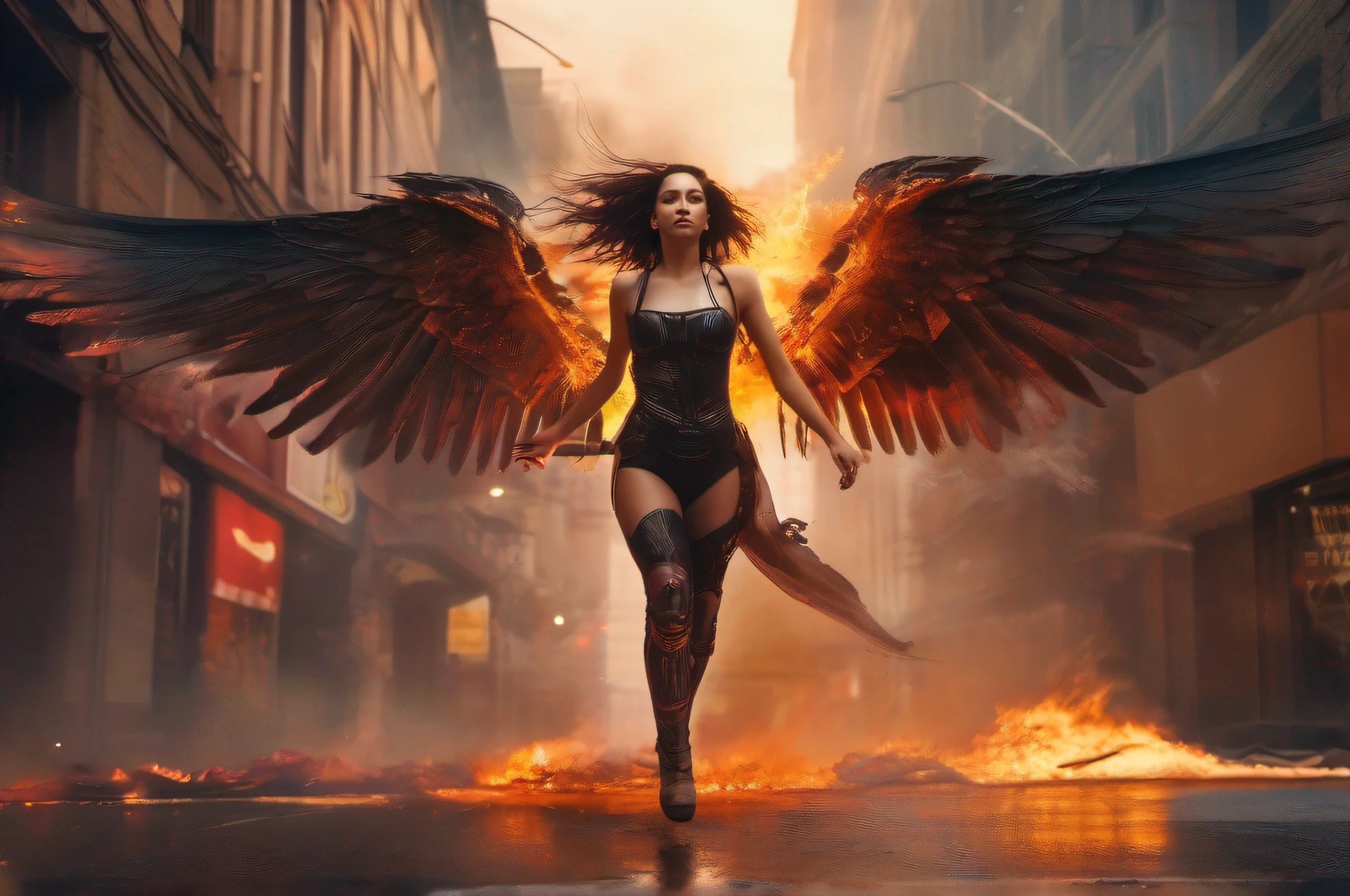 A 4K retrofuturist cyberpunk and epic digital painting with dramatic warm and cool lighting of an evil fallen female angel-cyborg hybrid flying decisively with massive fiery wings in motion over neon lit streets engulfed in flames and crumbling buildings, people running scared below, amid swirls of smoke and embers, using dynamic focus, picado and medium shot composition.