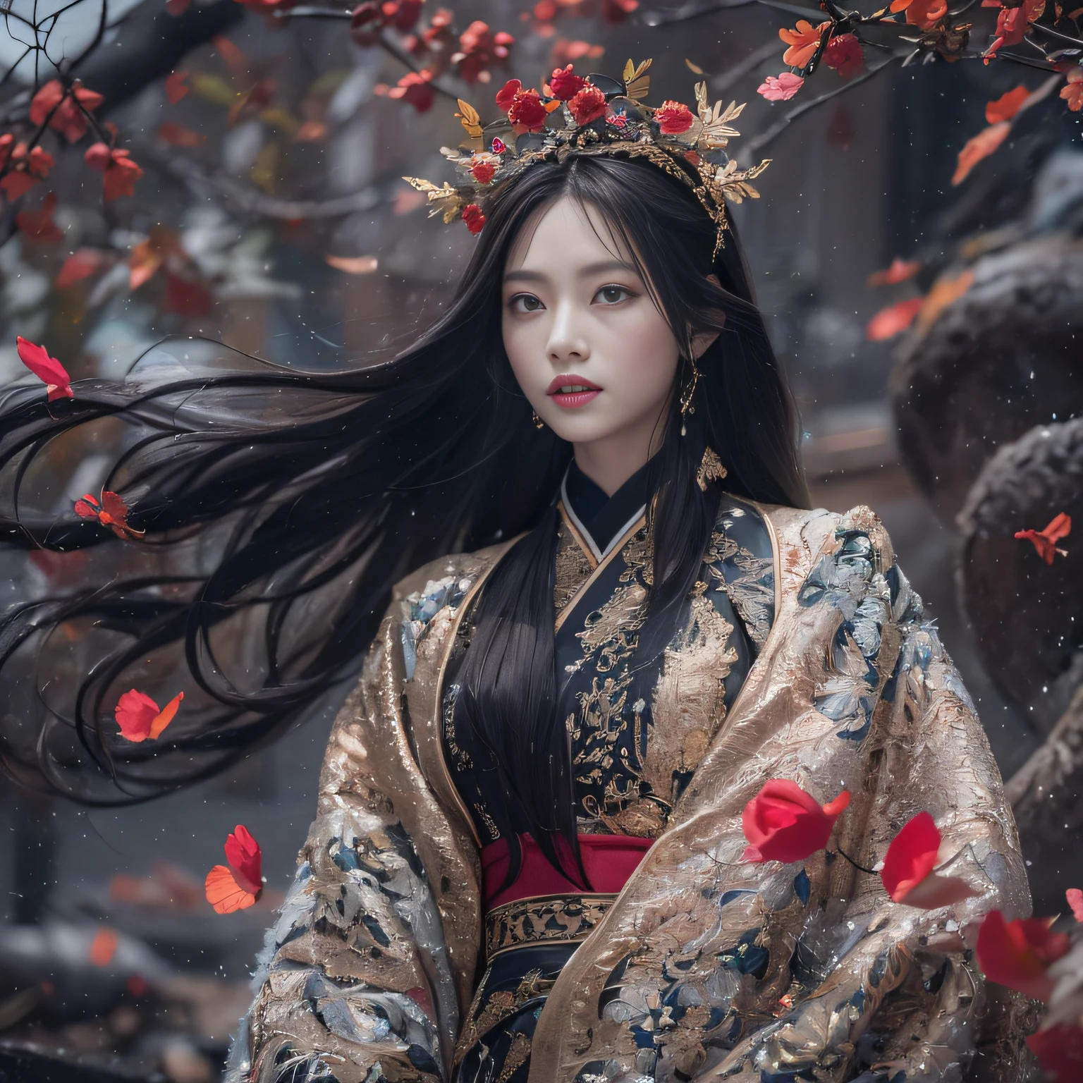 32K(tmasterpiece,k hd,hyper HD,32K)Long flowing black hair,Rockery,zydink, a color, Xuzhou people (Seduce girls), (Red scarf in the snow), jumping posture, looking at the ground, long whitr hair, Floating hair, Carp pattern headdress, Chinese long-sleeved silver battle robe, (Abstract gouache splash:1.2), Pink petal background,Tulips flying(realisticlying:1.4),Black color hair,Fallen leaves flutter,The background is pure, A high resolution, the detail, RAW photogr, Sharp Re, Nikon D850 Film Stock Photo by Jefferies Lee 4 Kodak Portra 400 Camera F1.6 shots, Rich colors, ultra-realistic vivid textures, Dramatic lighting, Unreal Engine Art Station Trend, cinestir 800,Long flowing black hair,Transparent robe clothing