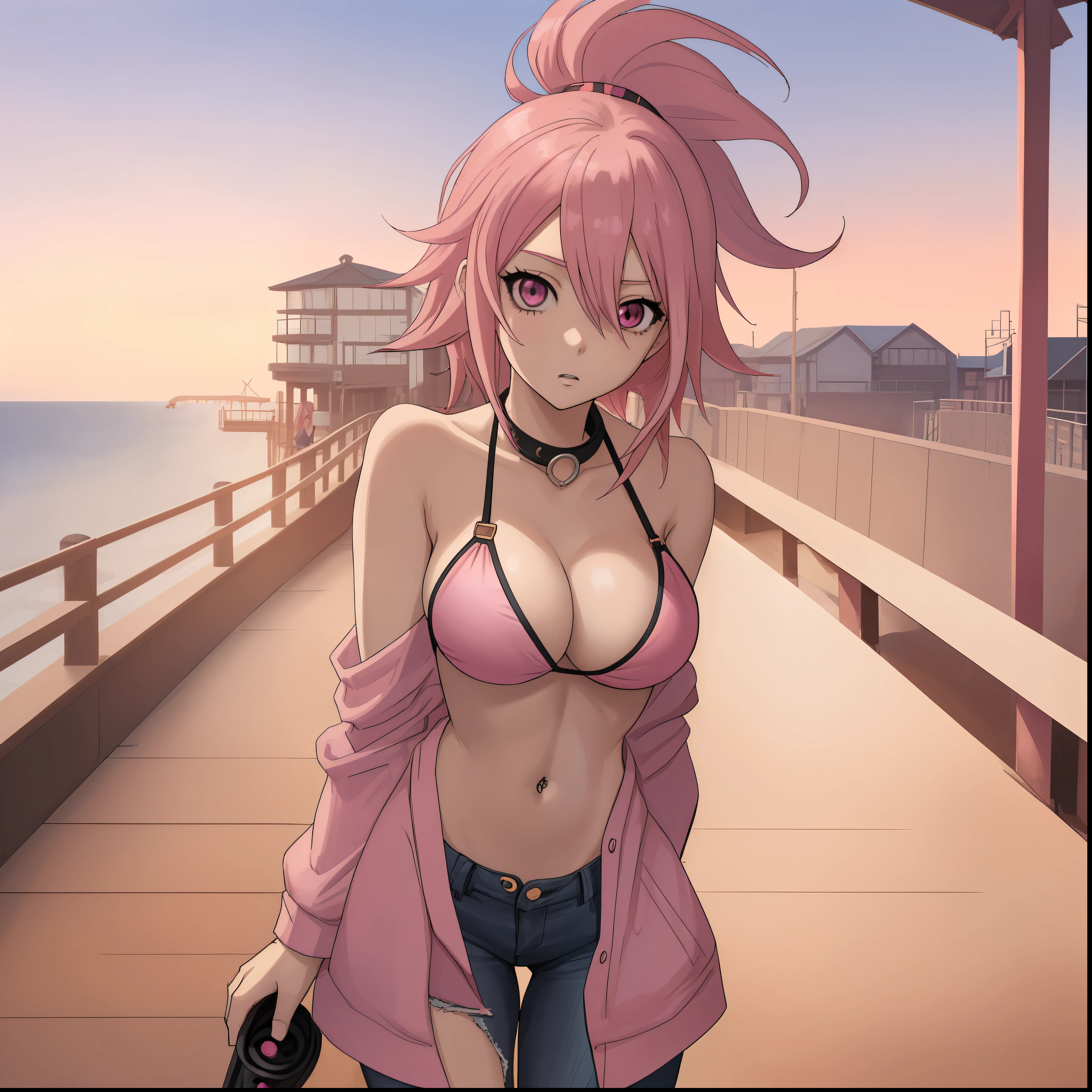Anime girl, pink hair, boardwalk, skinny, sexy, large breasts, black jeans, bikini top