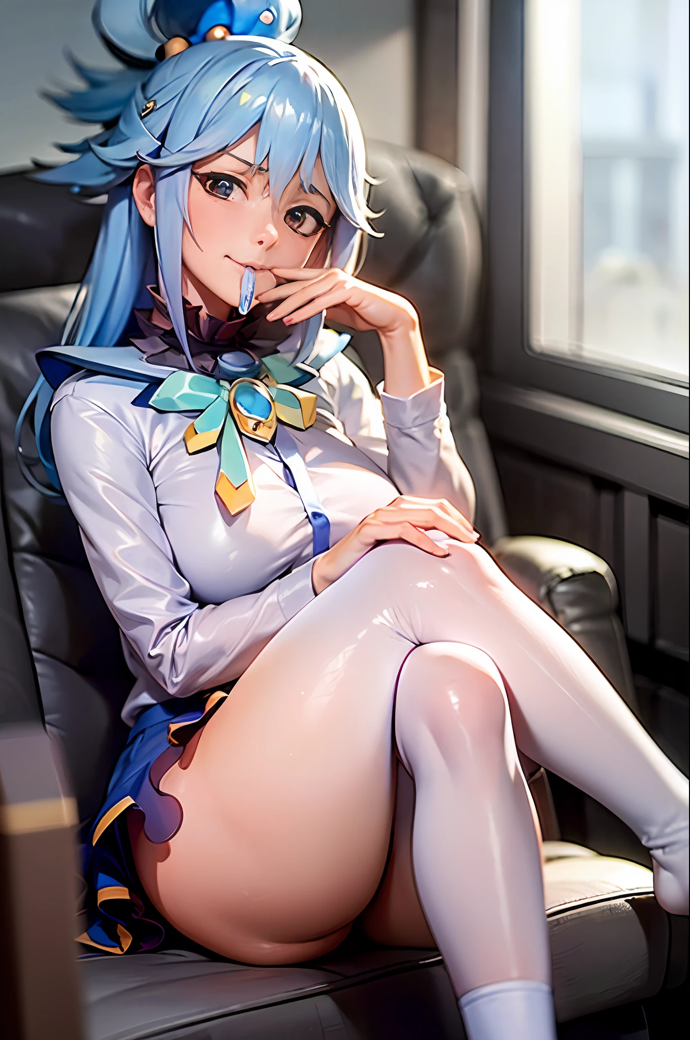 (Prominence in Masterpiece, Best Quality: 1.2), solo, 1 girl,aqua, serious, mouth closed, looking at viewer, hand on face, sitting, legs crossed, collared shirt, tie up, skirt, stockings , big thighs, big breasts,blue  hair)