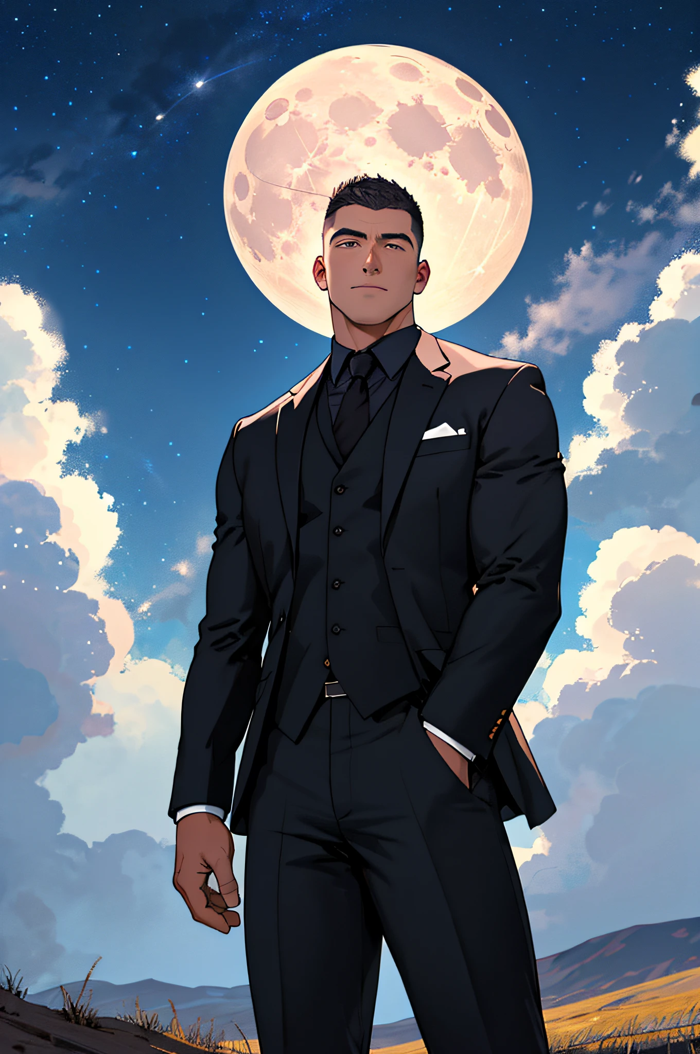 Draw a full-fledged athlete,Standing on the steppe at night,he is wearing a suit,The man looks confident and determined,looking-down,Crew cut,full bodyesbian,Stars dot the sky,shooting from below,Big moon highlights background