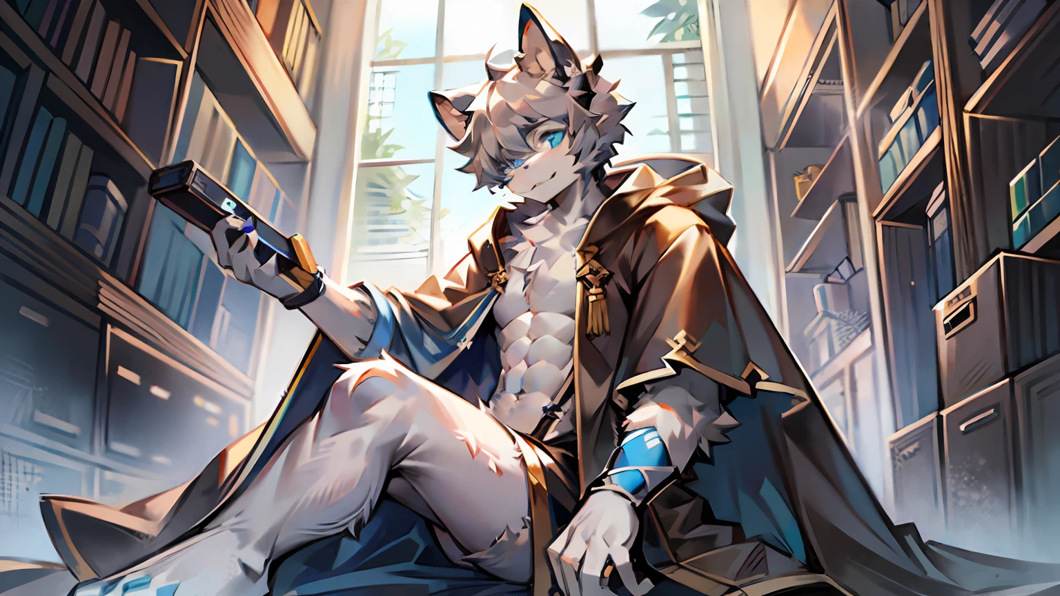 cat ear,blue color eyes,Gray hair,Gray-white hairy long legs。Short-haired men,Cloak,Abs