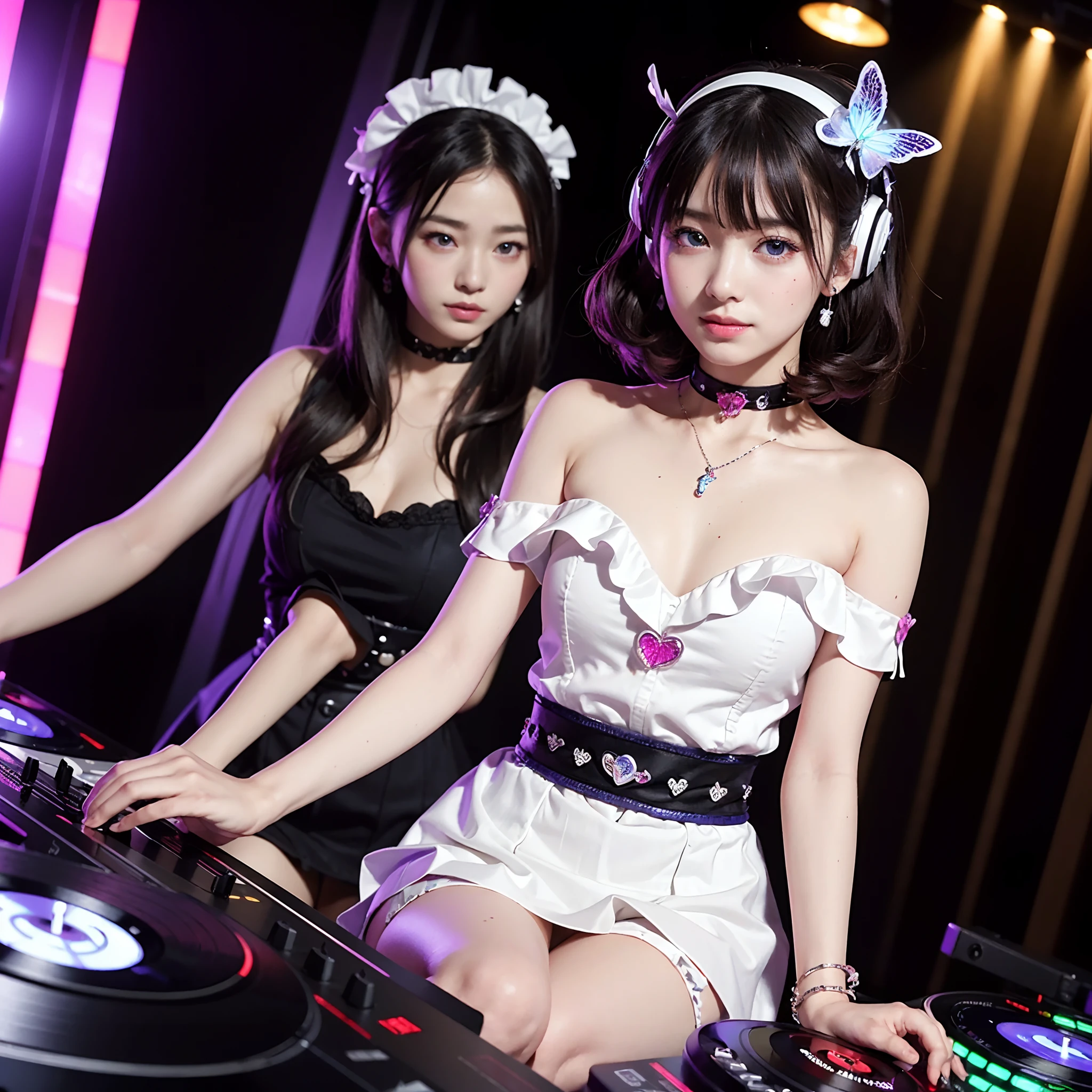 (If you are a DJ:1.3), Illustration, cinematic light, high resolution, best quality, ultra detailed, detailed face, (detailed eyes), highest quality, ultra detailed, masterpiece, (detailed face), pretty face, best smile, sexy mature woman transparent (ultra-detailed embroidery and ribbons, idol outfit), ruffled miniskirt, cloth, choker, open cloth, high heels, blue eyes, neon small shiny hair edges, AI fantasy concert, glowing lighting with neon details, (live stage: 1.2), (to a packed audience in the background), light reflection, heart-shaped iris, playful eyes, open shoulders, small glowing butterfly, hair jewelry,