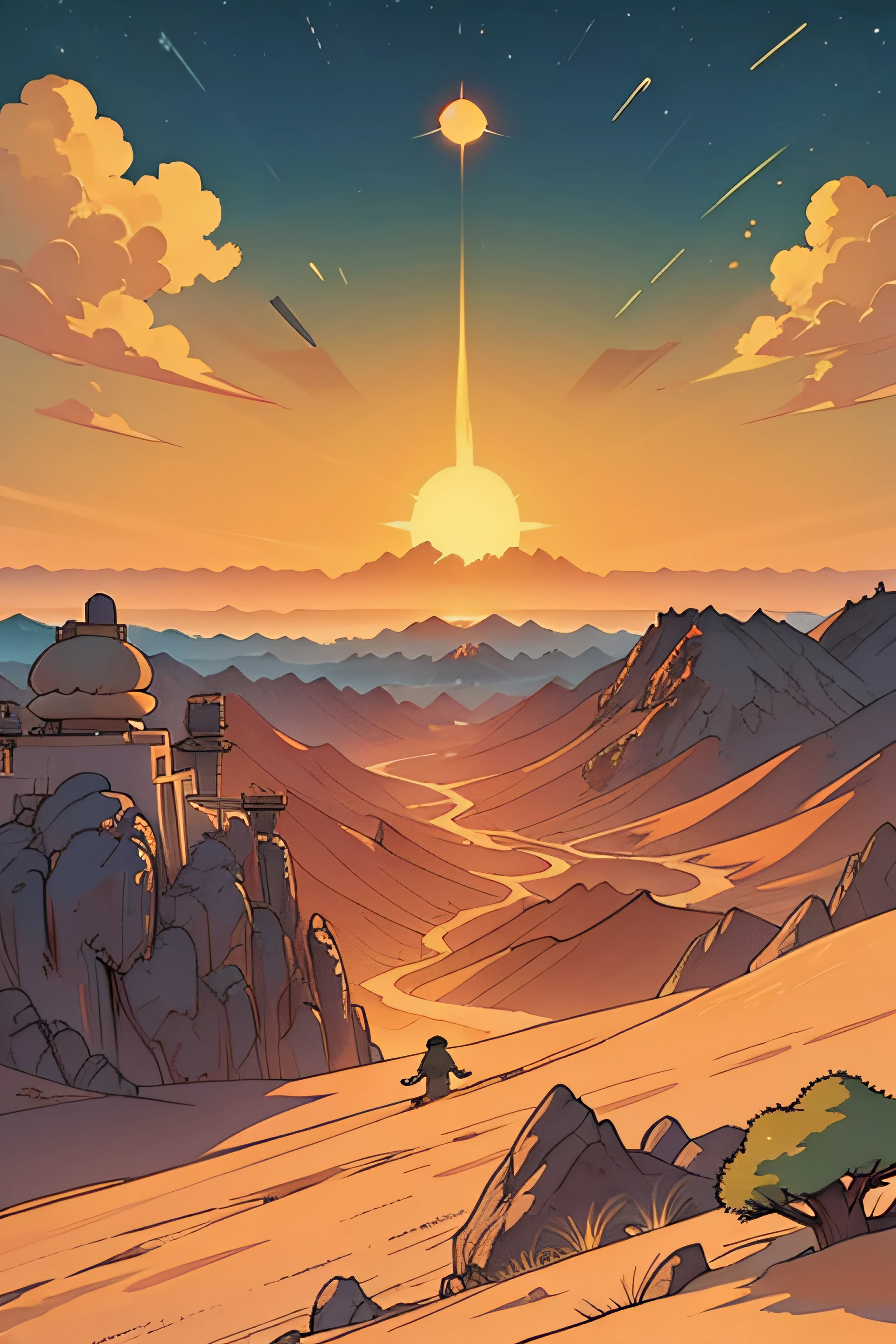 Gobi,blasts,Skysky,baiyun,mid day,Manhwa Style,mountain ranges,A desert,scenecy,NOhumans,Atomic bombing,mushroom cloud