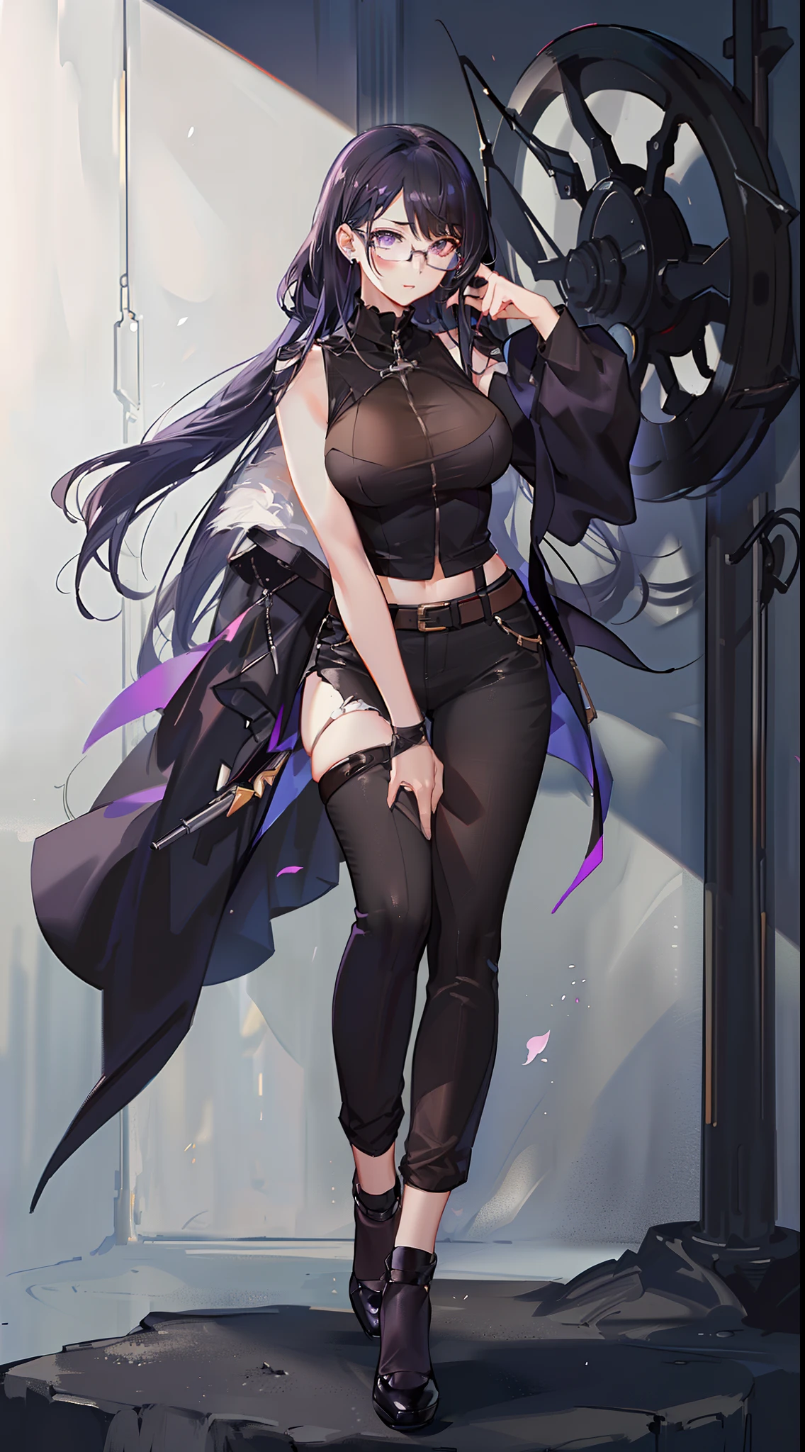 young girl, Long black hair, violet eyes, eyeglasses, Black sleeveless shirt, Huge-breasts, pants, fuel oil, spanner, Masterpiece, hiquality