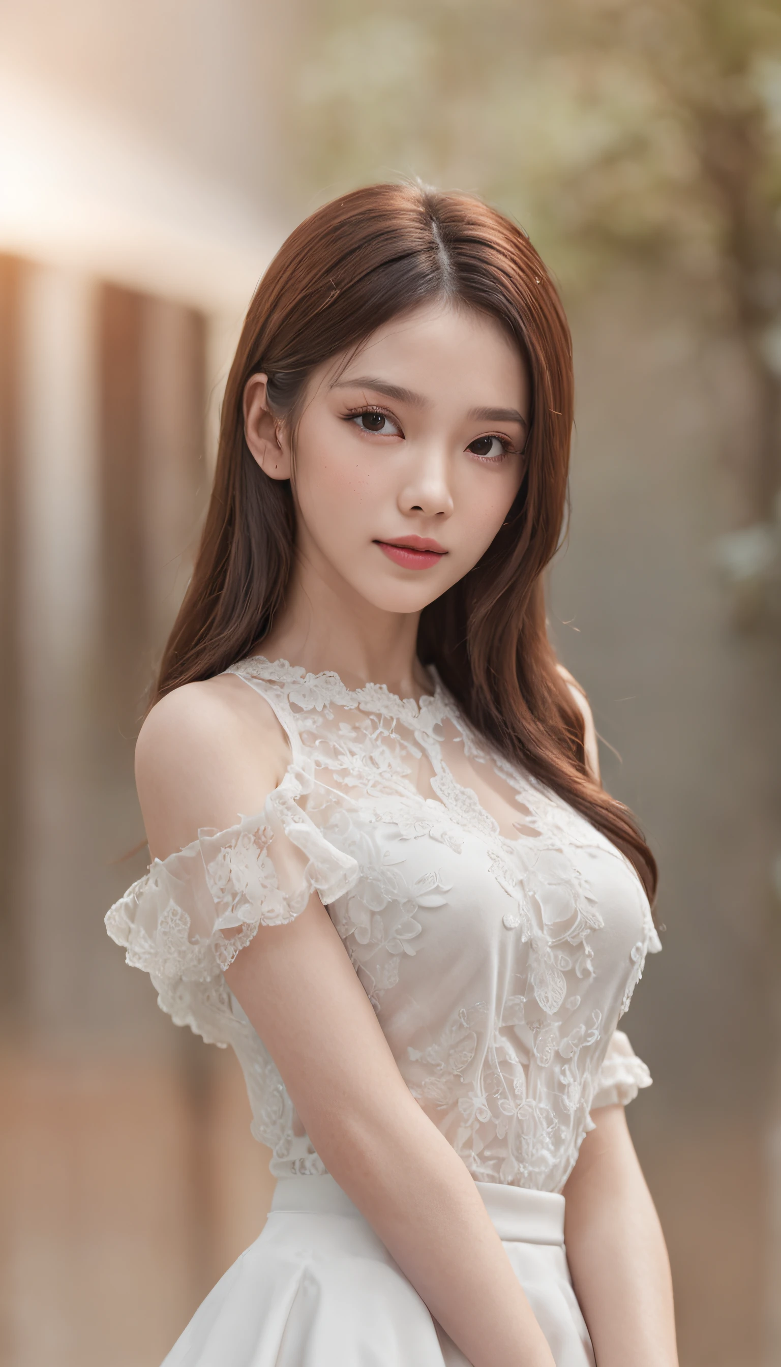Masterpiece,Ultra Top Quality,Realistic,16k raw photo,Ultra Detailed,Thin and slender girl,All poses)).Beautiful face,Wearing a party dress,Party dress,blurry_light _Background,medium) round breasts,detailed and perfect body,perfect hands,thick thighs,Vietnamese woman,looking at viewer,background scenery,long hair,exposed thighs,perfect hands,best lighting,natural light,HDR Lighting,plain t-shirt logo,eungirl
