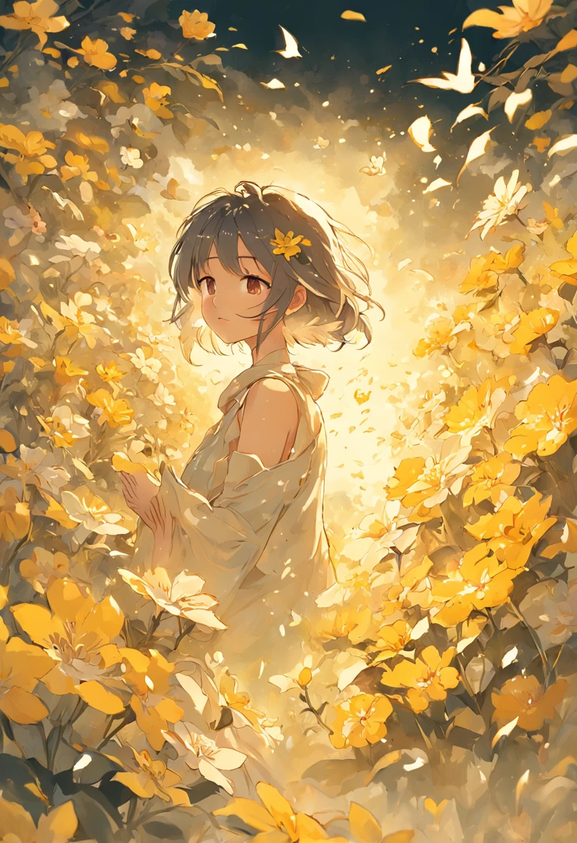 Blooming flowers flutter in the wind,Girl in flowers,Light yellow and silver design,Pay attention to the texture of the skin and flowers,Sony FE 12-24mm F/2.8 gm,Impressionist garden,Proficient in calligraphy,eco-friendly craftsmanship,Brush stroke exploration