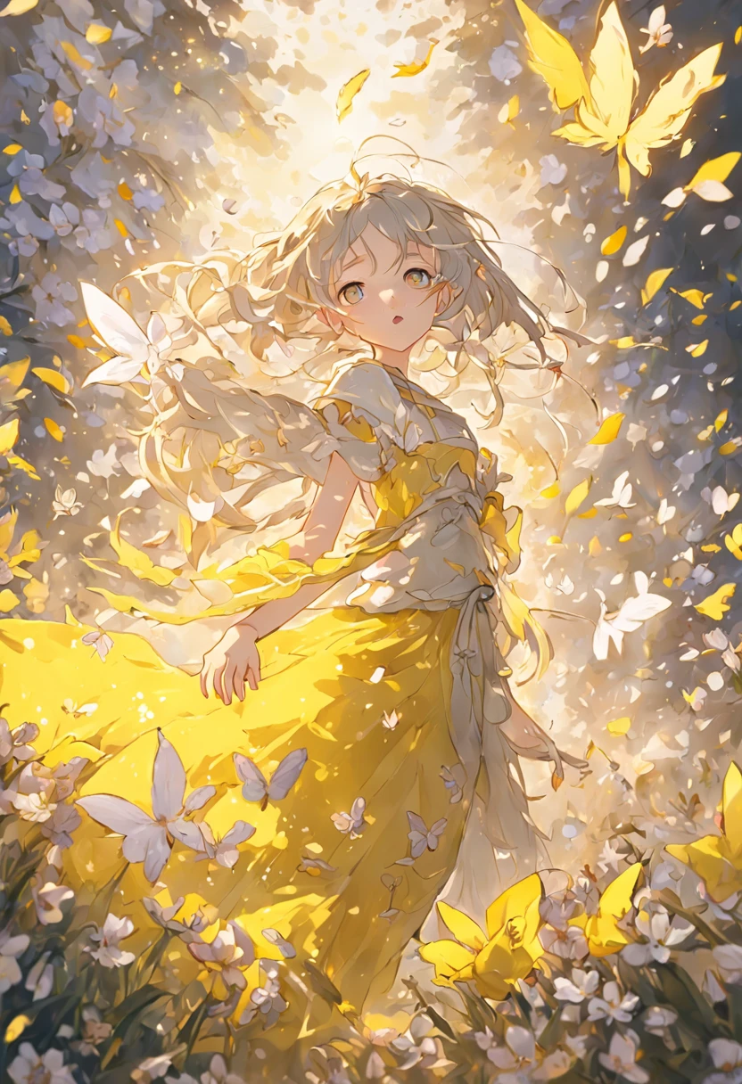 Blooming flowers flutter in the wind，Girl in flowers，Light yellow and silver design，Pay attention to the texture of the skin and flowers，Sony FE 12-24mm F/2.8 gm，Impressionist garden，Proficient in calligraphy，eco-friendly craftsmanship，Brush stroke exploration