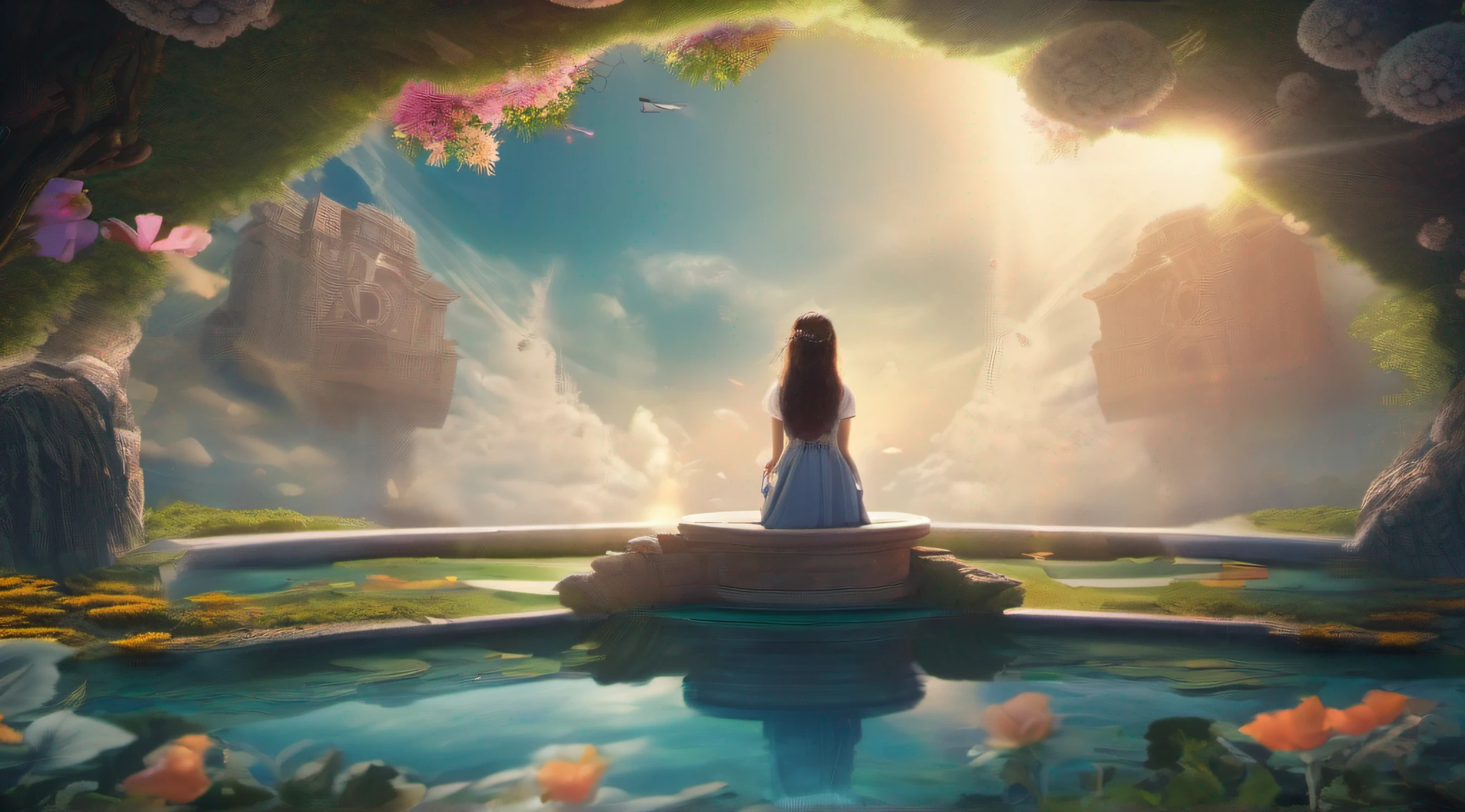 ccurate, best quality, masterpiece, UHD, high details, award winning, (Amazing:1.1), (Surrealism), Conceptual art, Verism, cinematic lighting, floating island in the sky, ruins, (((beautiful flower garden))), Horizon, blue sky, paradise scenery, flowers, wind flow, (((fantasy))), frontier, (magnificent space), blurry foreground, bokeh, Hasselblad, lens flare, beautiful high school girl, (17 yr old), ((((full body)))), from behind, bocks open, without looking at me, (((wearing school uniform))), black eyes, black hair, (floating hair), ((8 life size)), detailed hairstyles, detailed bodyline, anatomically correct,