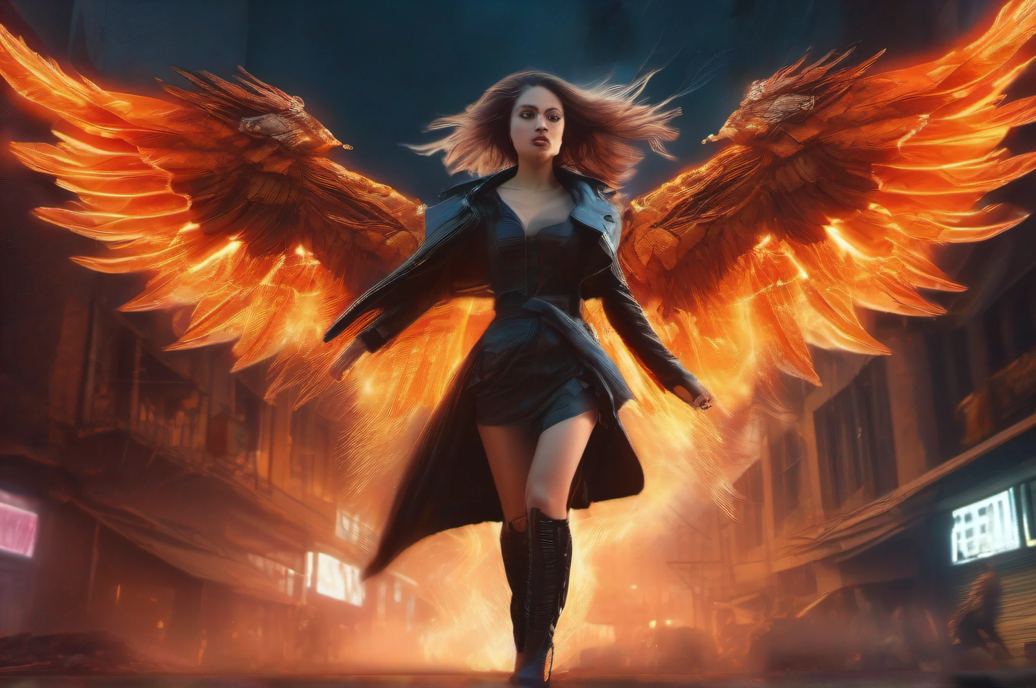 A 4K retrofuturist cyberpunk and epic digital painting with dramatic warm and cool lighting of an evil fallen female angel-cyborg hybrid flying decisively with massive fiery wings in motion over neon lit streets engulfed in flames and crumbling buildings, people running scared below, amid swirls of smoke and embers, using dynamic focus, picado and medium shot composition.