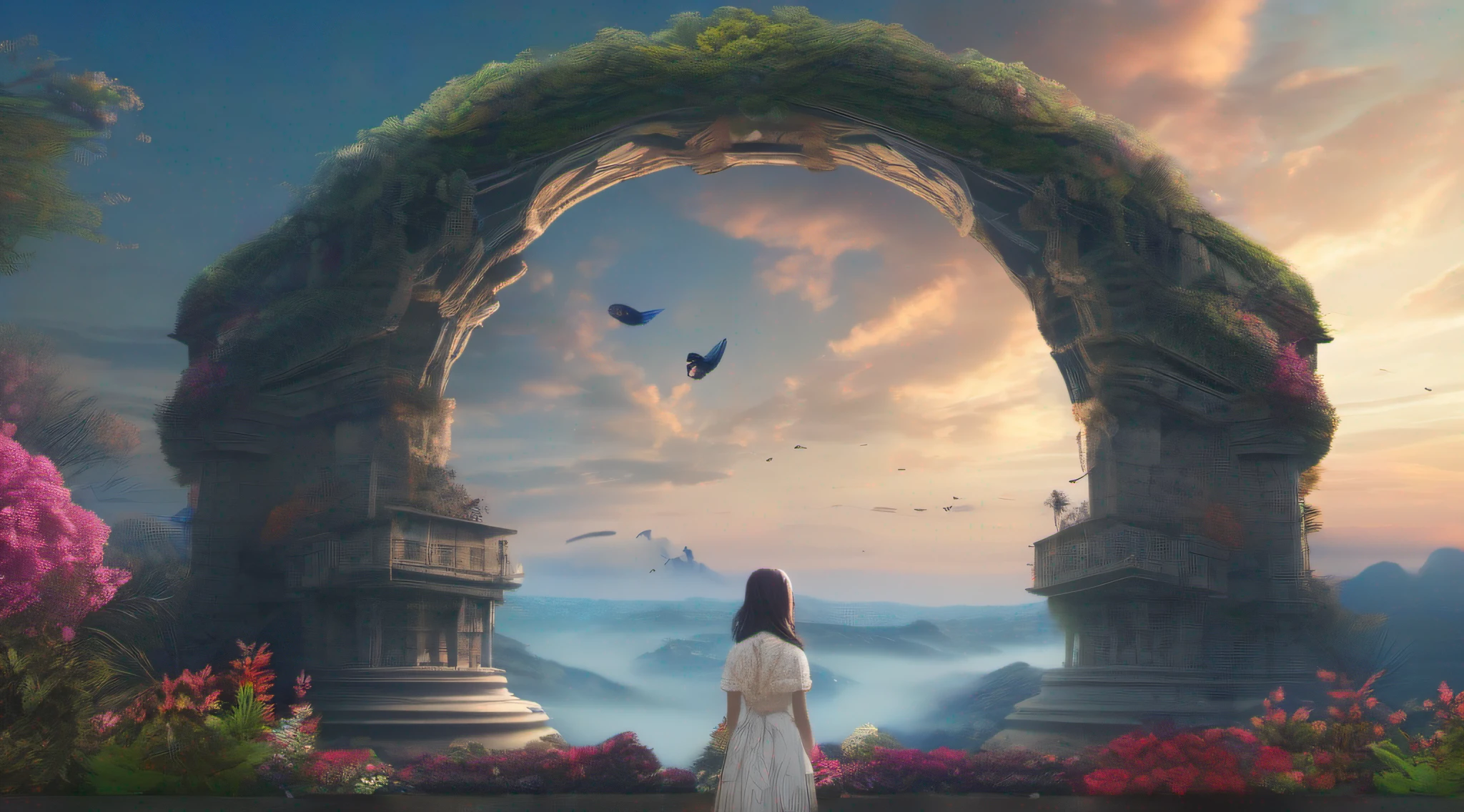 ccurate, best quality, masterpiece, UHD, high details, award winning, (Amazing:1.1), (Surrealism), Conceptual art, Verism, cinematic lighting, floating island in the sky, ruins, (((beautiful flower garden))), Horizon, blue sky, paradise scenery, flowers, wind flow, (((fantasy))), frontier, (magnificent space), blurry foreground, bokeh, Hasselblad, lens flare, beautiful high school girl, (17 yr old), ((((full body)))), from behind, bocks open, without looking at me, (((wearing school uniform))), black eyes, black hair, (floating hair), ((8 life size)), detailed hairstyles, detailed bodyline, anatomically correct,