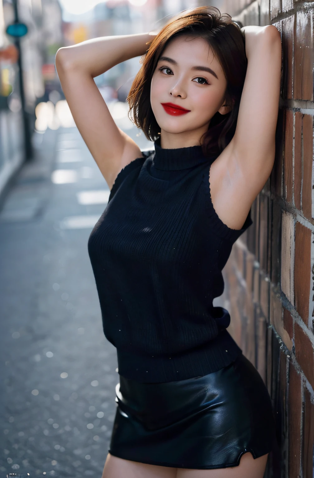 ((Show underarms、A hyper-realistic、Armpit、Detailed armpit wrinkles、Detailed armpit pores、Realistic armpit skin、Black armpit skin、Black armpits、gazing at viewer、smil、Full body armpits standing facing the viewer、Show both armpits、micromini skirt、Very short skirt、No panties、With no pan、Stand in the city、Stand in the middle of town、in a street)), (illustratio), (hight resolution), (8K), (ighly detailed), (The best illustrations), (armpit pose、beatiful detailed eyes), (top-quality), (ultra-detailliert), (masterpiece), (wall-paper), (详细的脸), (A smile、((40 years,red lipsticks,femele,Show realistic armpits))、Brown hair,short-hair,((Woman in no panties in dark blue short-sleeved sweater and very short skirt)), japanes,