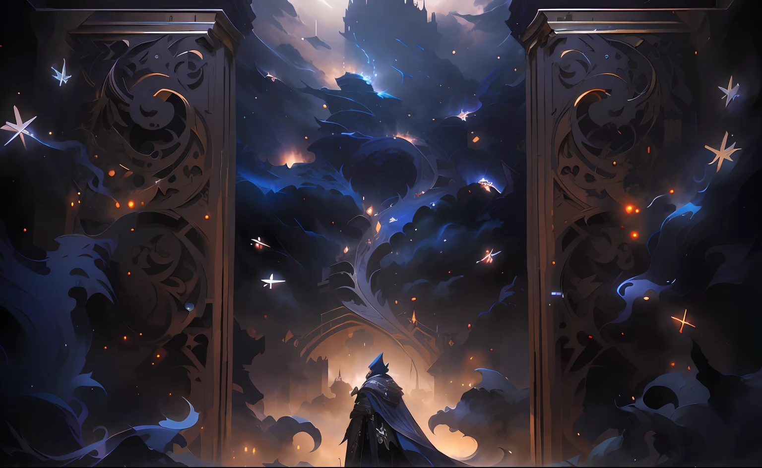 anime big breast, A man in a cloak and cloak stood in the doorway, iintricate、Epic composition, an ominous fantasy illustration, Anime epic artwork, dramatic concept art, Symmetrical epic fantasy art, Epic fantasy digital art style, epic fantasy sci fi illustration, Peter Mohrbacher. illusory engine, elegant cinematic fantasy art, by Yang J