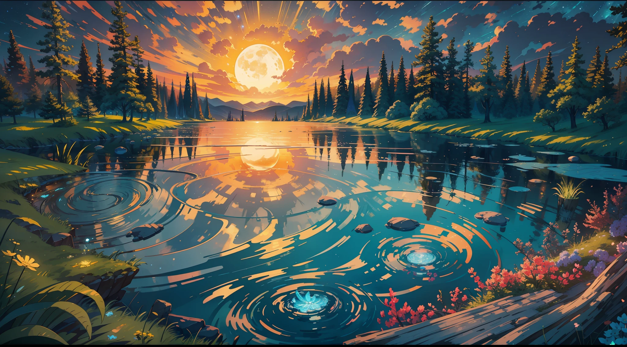 Glistening bioluminescence illuminates a tranquil water lake nestled within an enigmatic forest, while the starry night sky adds to the magical ambiance. Van Gogh's artistic touch brings forth an ethereal oil painting on canvas, capturing the dreamy landscape in vibrant and dynamic lighting. The scene is rendered in 3D, showcasing intricate details, and the use of a pastel color scheme enhances the otherworldly beauty. With inspiration from Pixar-style illustrations and an isometric perspective, the artwork achieves an astonishing 8K resolution, inviting viewers into this captivating realm.