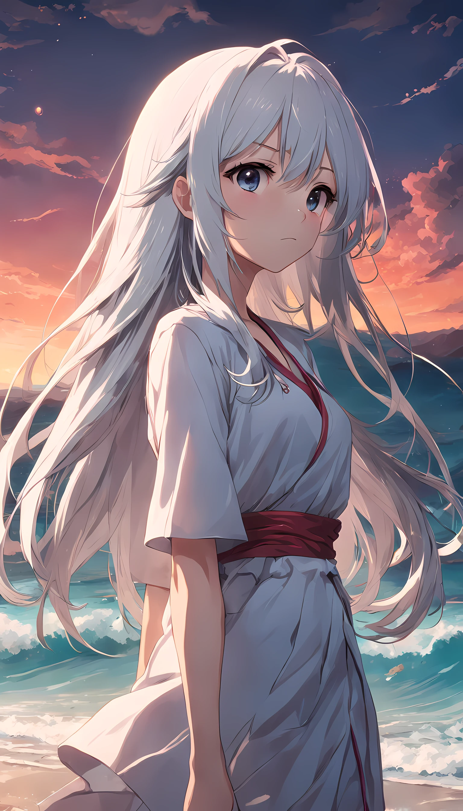 beach，look up，long white hair，dark