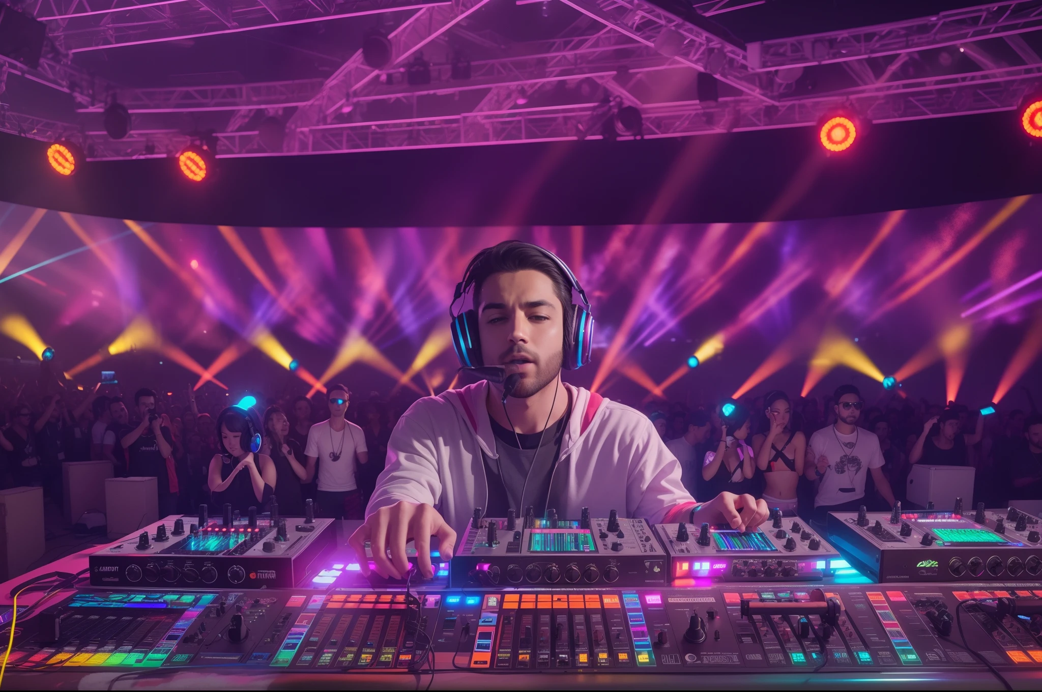 Upper body, (DJ with headphones and microphone: 1,4), mixing console, performing at a vibrant (music festival: 1,2) with (energy people: 1,1) and (stage lights colorful: 1.1),(cinematic lighting), RAW photo, 8K