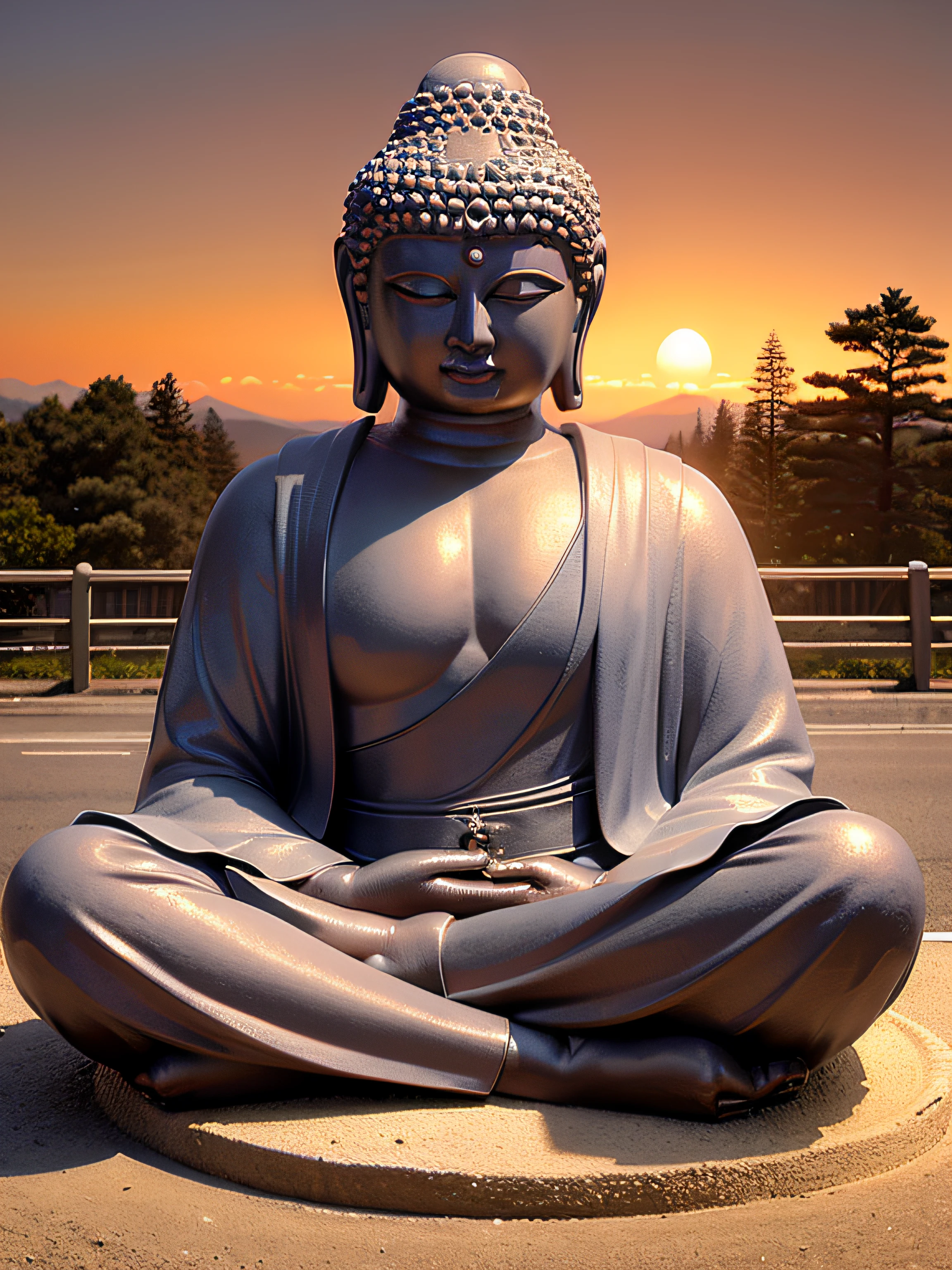 (Giant tall Buddha statue in the distance: 1.5,), (Cyberpunk City Background: 1.2),(Realism: 1.4), (Best Quality: 1.0), (Ultra High Resolution: 1.0), 8K, RAW Photos, (Masterpiece: 0.2), Ultra Detailed, (Pilgrims on the Road: 0.8),