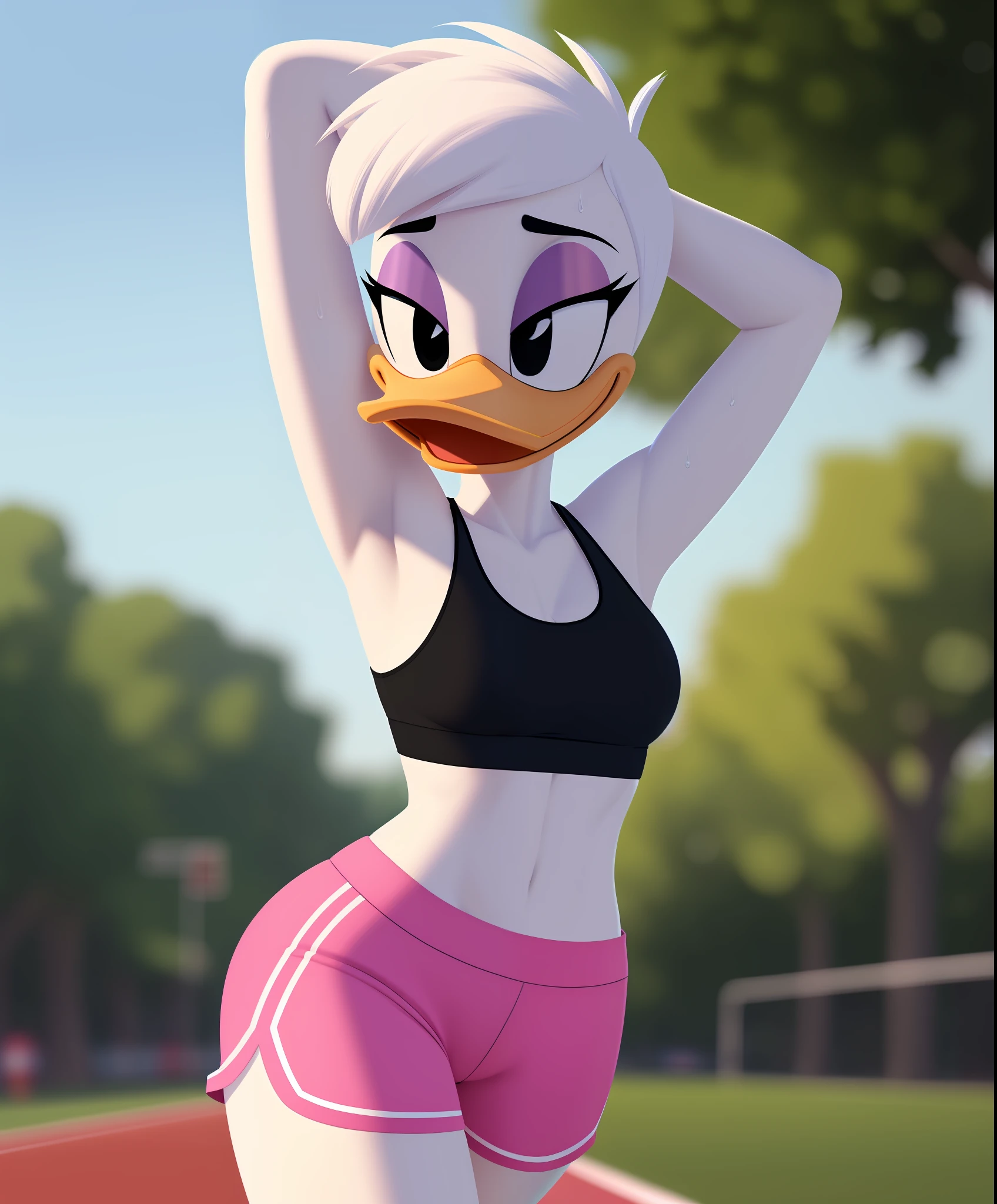 photorealism, female daisy duck, detailed background, outside, eyeshadow, white hair, hairstyle,

wear sports bra, pink shorts,  sports, sweat, running away,  stretching

simple black eyes, detailed, intricate, furry, 

8k hd, highest quality, (detailed white fur:1.3) (soft cinematic light:1.1) ,