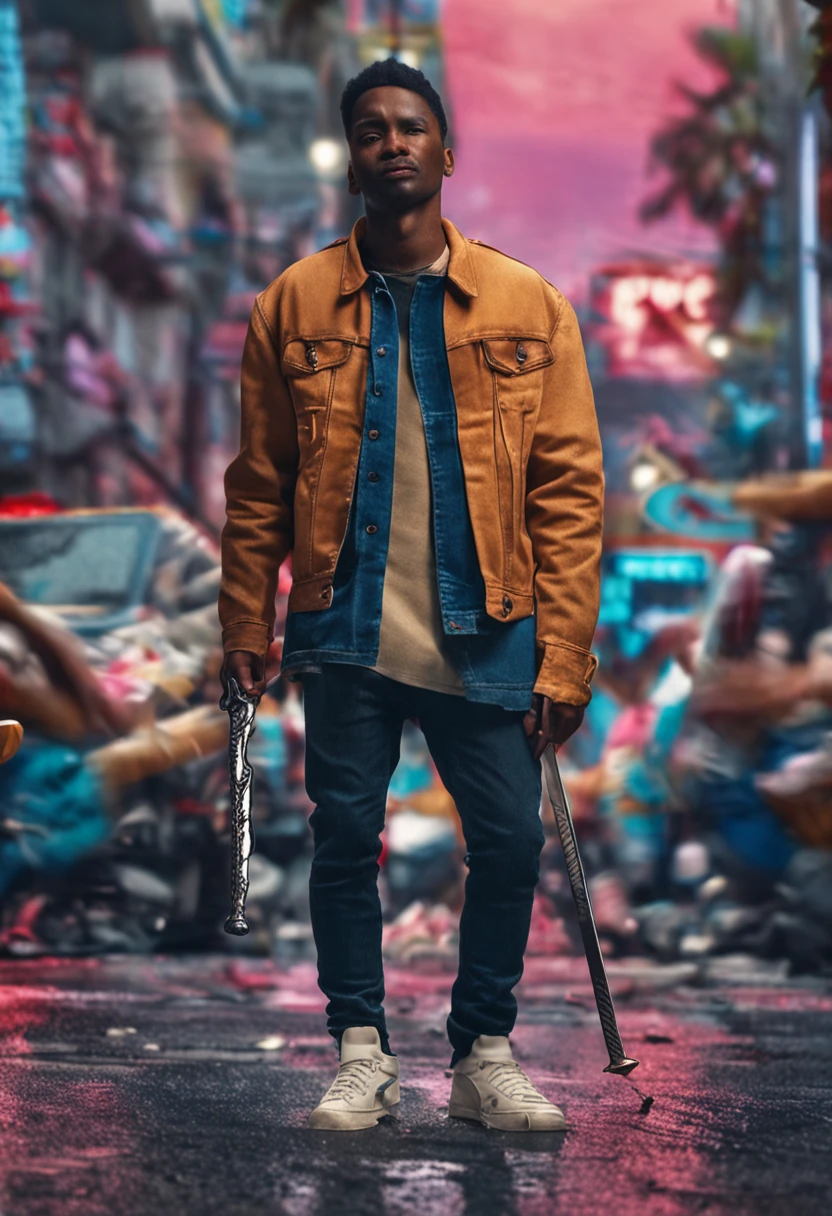 A photo of Francisco pope, wearing a Jean jacket, Nike shoes, in a city, holding a sword