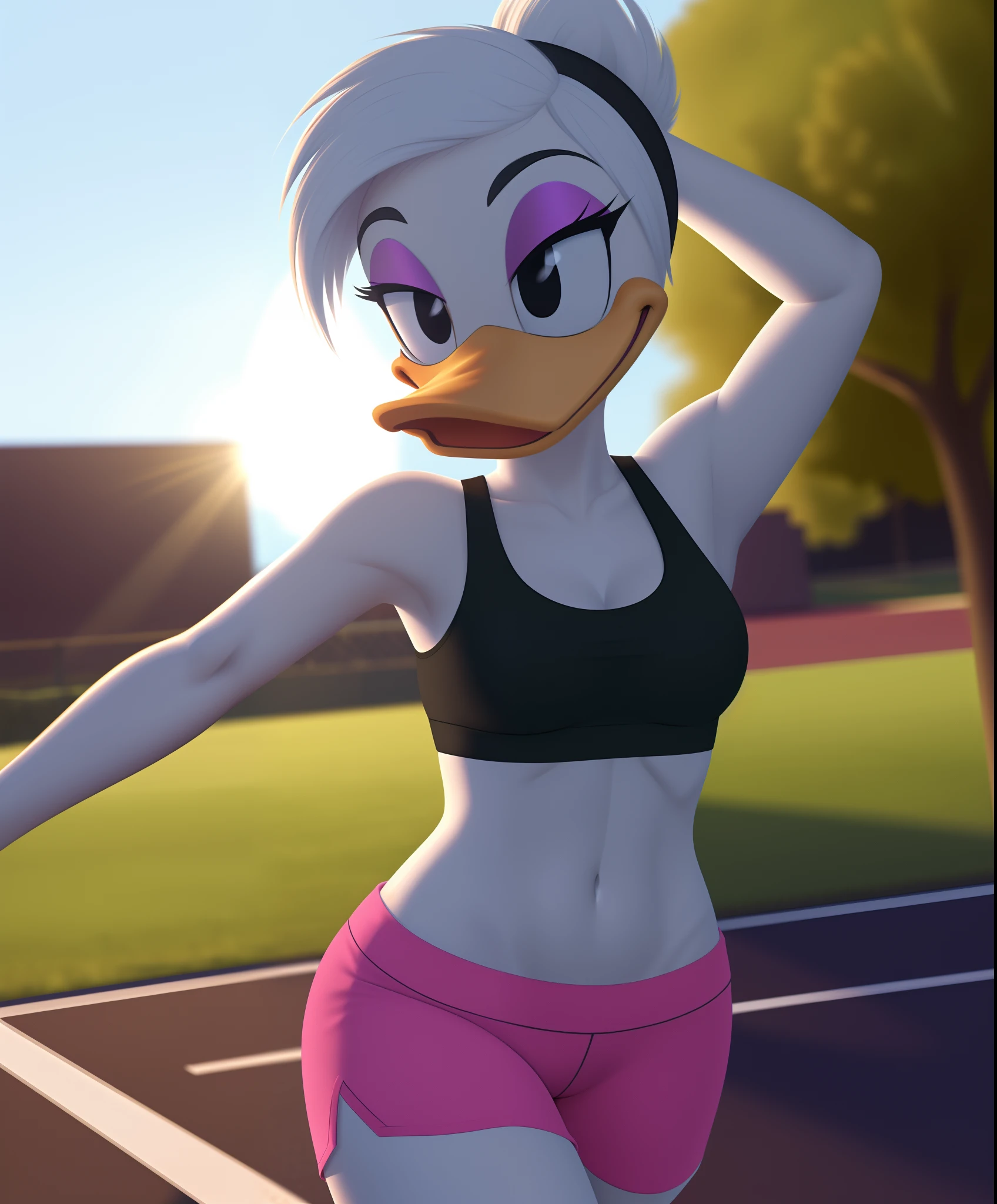 photorealism, female daisy duck, detailed background, outside, eyeshadow, white hair, hairstyle,

wear sports bra, pink shorts,  sports, sweat, running away,  stretching

simple black eyes, detailed, intricate, furry, 

8k hd, highest quality, (detailed white fur:1.3) (soft cinematic light:1.1) ,