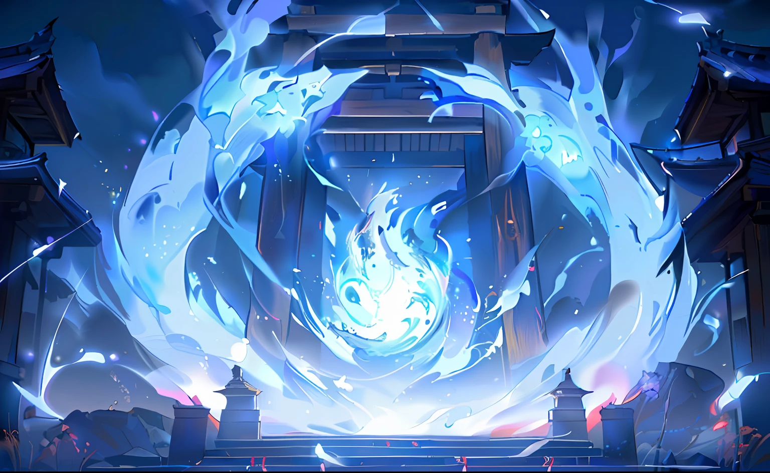 Close-up of the building,There is fire inside, Genshin Impact, Genshin impact's character, Genshin Impact style, Keqing from Genshin Impact, Onmyoji detailed art, video game genshin impact, Ayaka Genshin impact, spirits coming out of portal, Genshin, style of duelyst, league of legends arcane