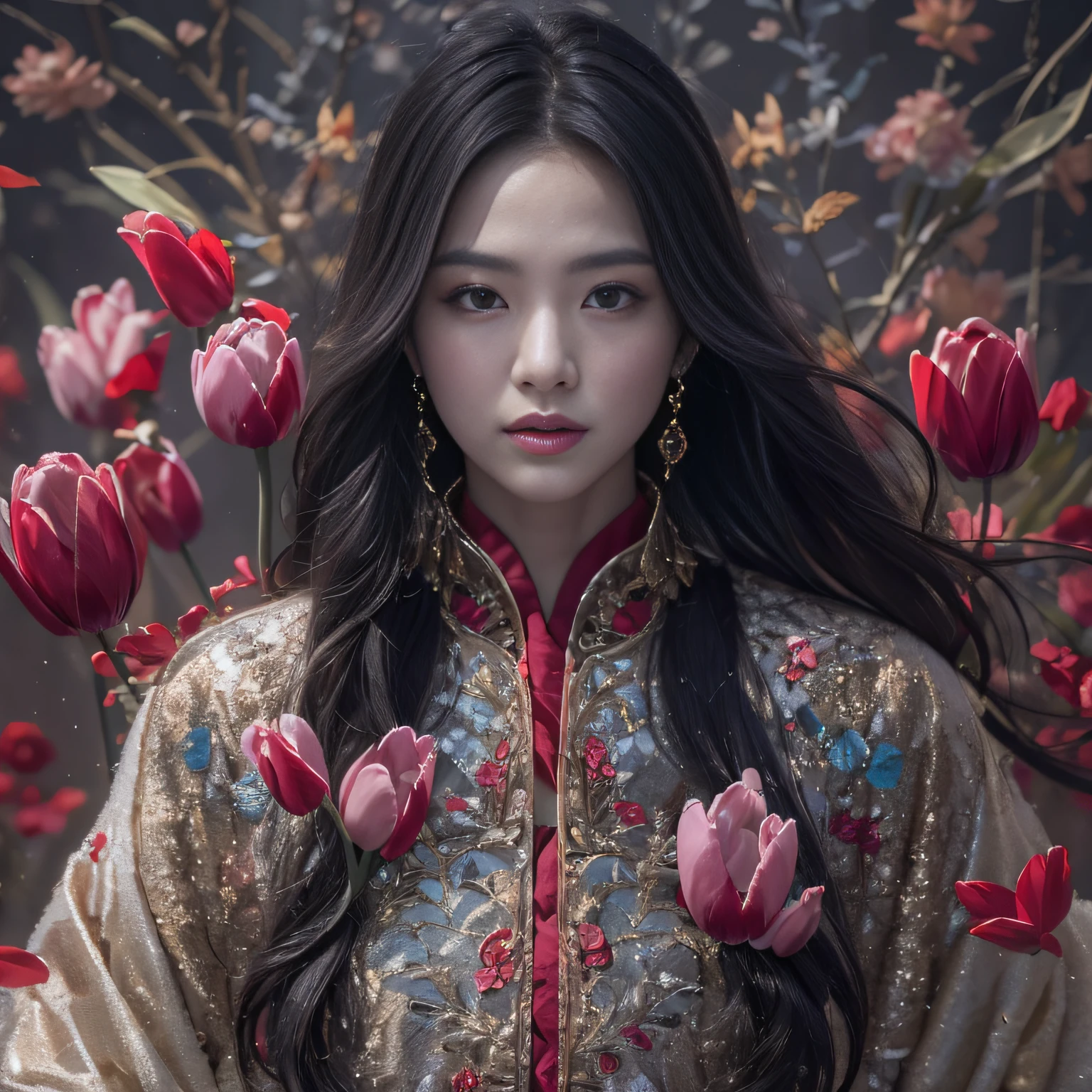 32K（tmasterpiece，k hd，hyper HD，32K）Long flowing black hair，Rockery，zydink， a color，  Xuzhou people （Seduce girls）， （Red scarf in the snow）， jumping posture， looking at the ground， long whitr hair， Floating hair， Carp pattern headdress， Chinese long-sleeved silver battle robe， （Abstract gouache splash：1.2）， Pink petal background，Tulips flying（realisticlying：1.4），Black color hair，Fallen leaves flutter，The background is pure， A high resolution， the detail， RAW photogr， Sharp Re， Nikon D850 Film Stock Photo by Jefferies Lee 4 Kodak Portra 400 Camera F1.6 shots, Rich colors, ultra-realistic vivid textures, Dramatic lighting, Unreal Engine Art Station Trend, cinestir 800，Long flowing black hair，Transparent robe clothing