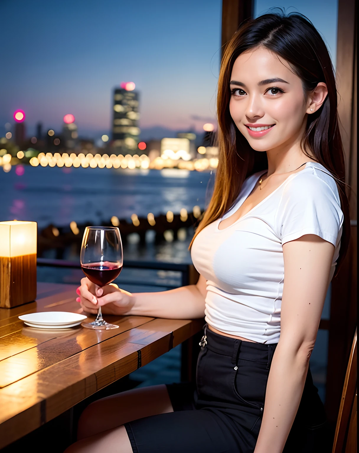 (64K, UHD, top quality, masterpiece: 1.2), (realistic, photorealistic: 1.37), super detailed, pretty woman 1 person, (slim face), (slim body), (brown hair), (short cut), cheeks slightly blushing, (44 years old), 38 years old, solo, beautiful detailed urban night view outside the window, restaurant, wine glasses sit, at night, in a prominent placeNovaFrogStyle, Actress, Model, Waist Up, White Wine, Slim, Wine Glass, Super Clean Night View, Wine Glass Put in the Middle, Happy Smile, (Smile: 1.15), Beautiful Fine Eyes, Upper Body, Bust Japan Up, Night, Short, Short, Actress, Model, Waist Up, White Wine, Slim, Wine Glass, Super Clean Night View, Wine Glass Put in the Middle, Happy Smile,