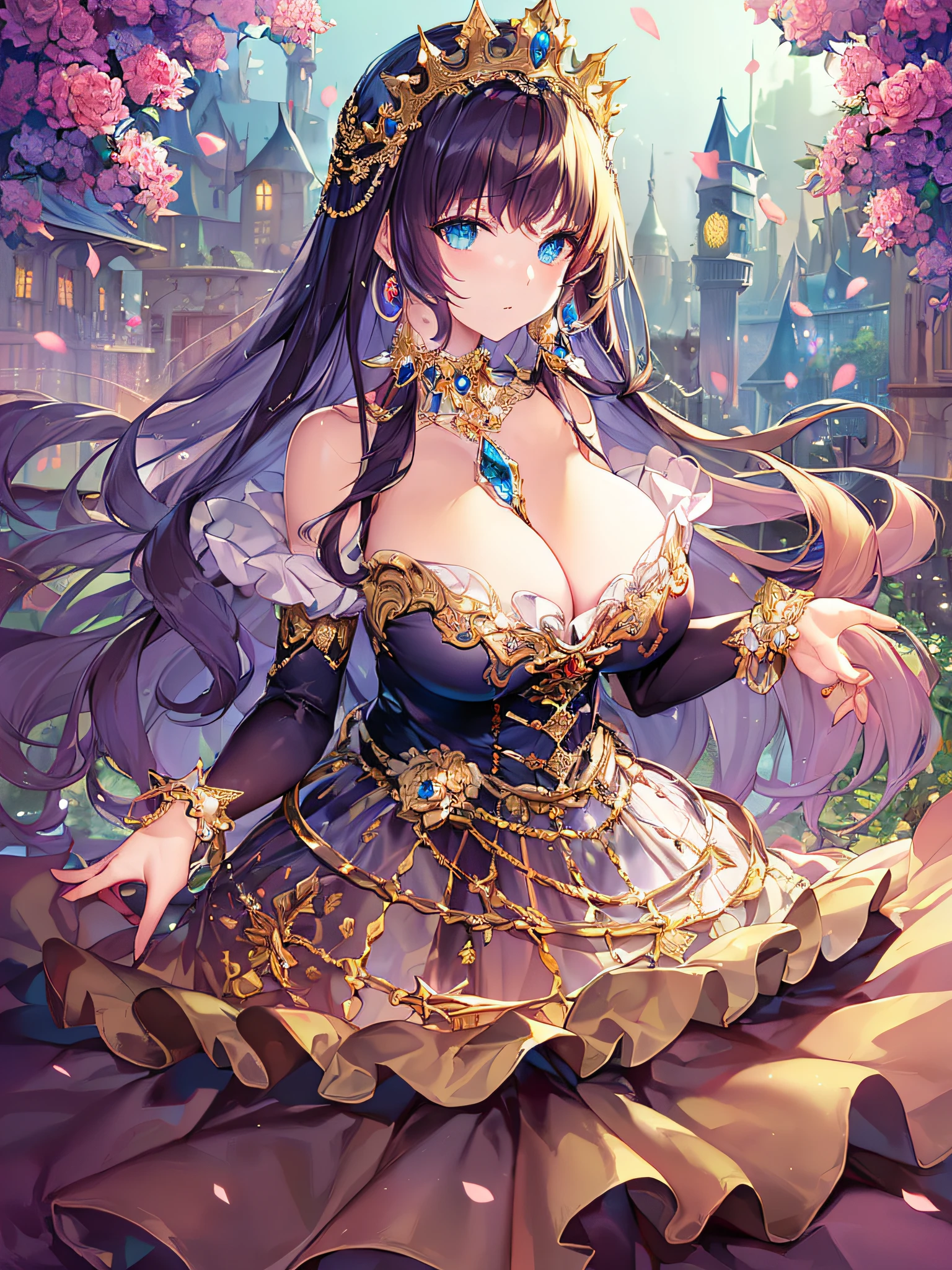 ((anime artstyle)),(Masterpiece),(Best Quality), (Super Detail),((Very Delicate and Beautiful)),(((Solo))),((full body portrait)),((1 princess in gorgeous princess rococo ballgown with voluminous full length hoop skirt)),((crinoline)),Long train,(((standing in garden))),(gorgeous gemstone jewelry),detailed face and eyes,jewel-like eyes,((large amount of straight hair,extremely voluminous Hair,Very Long Straight Hair)),((gigantic tits,Long tits)),cleavage,extremely gorgeousfull hair ornament,((bling-bling extremely gorgeousfull jeweled tiara)),((Dynamic Angle)),Looking at viewer,,flowers,flower petals flowing,((gorgeous princess rococo ballgown with voluminous full length hoop skirt))