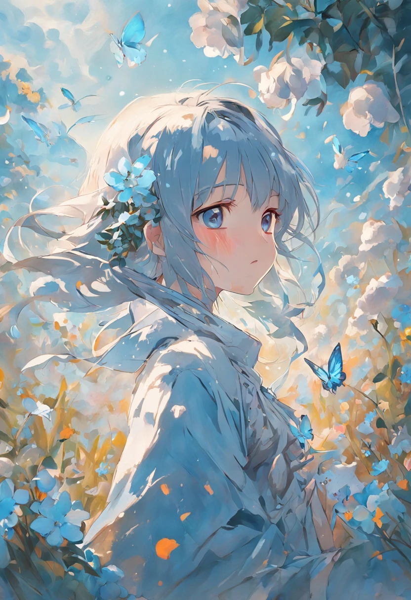 Blooming flowers flutter in the wind,Girl in flowers,Light blue and silver design,Pay attention to the texture of the skin and flowers,Sony FE 12-24mm F/2.8 gm,Impressionist garden,Proficient in calligraphy,eco-friendly craftsmanship,Brush stroke exploration