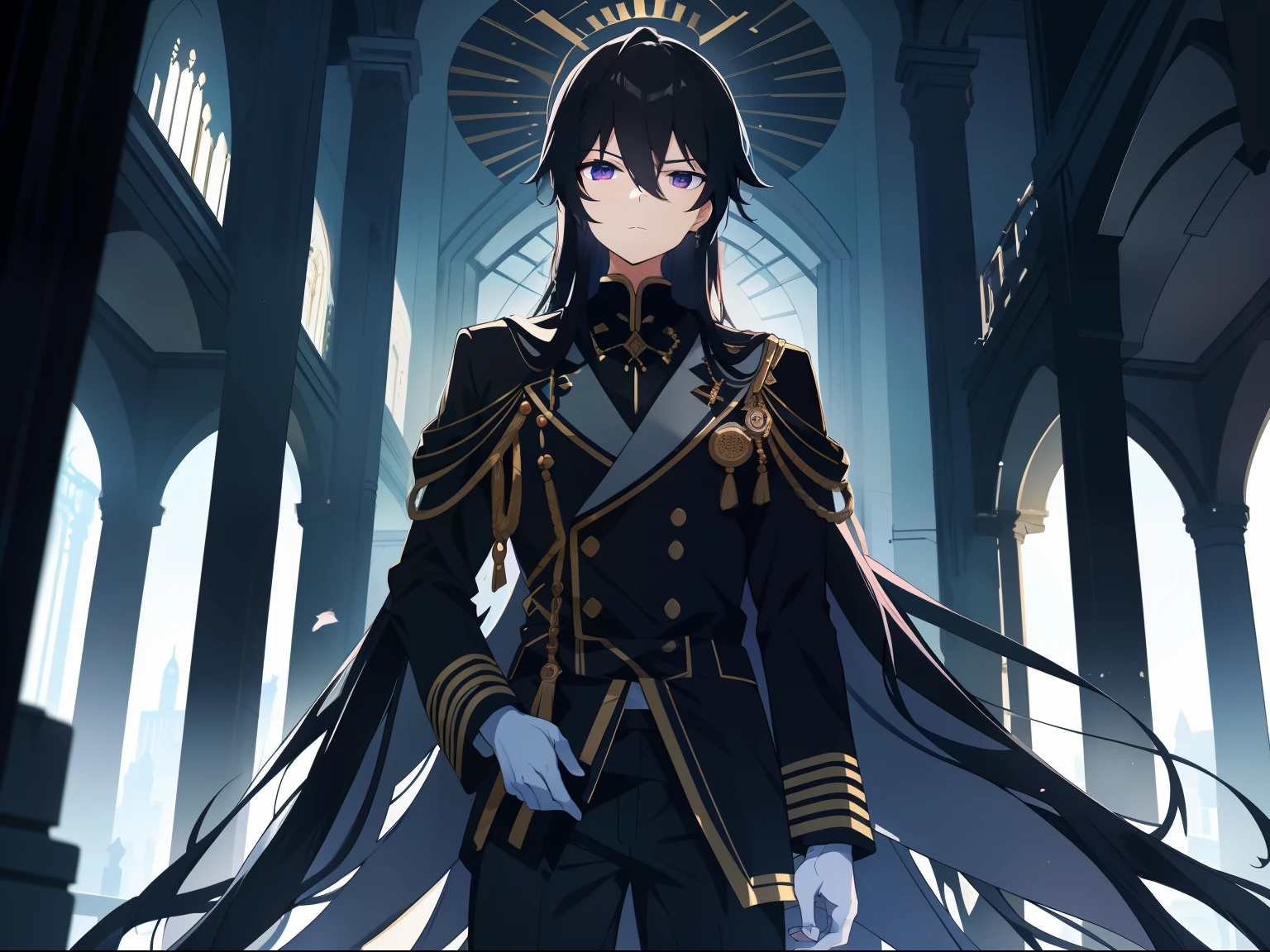 the emperor,black color hair,Dress modestly,rising tall,The expression is cold and distant,Wandering eyes,Godless eyes。The scene can be inside the palace,High status。