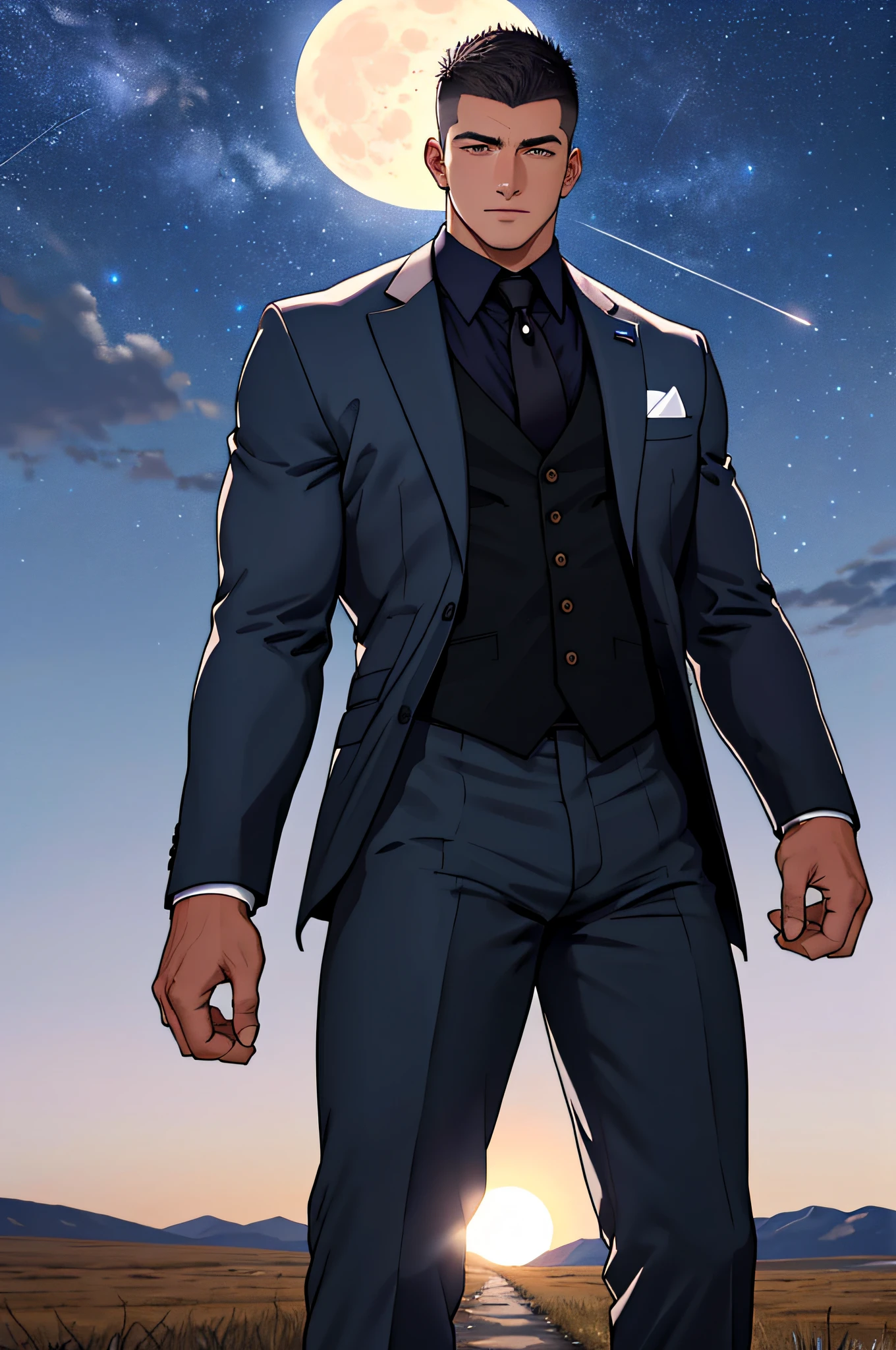 Draw a full-fledged athlete,Standing on the steppe at night,he is wearing a suit,The man looks confident and determined,looking-down,Crew cut,full bodyesbian,Stars dot the sky,shooting from below,Big moon highlights background